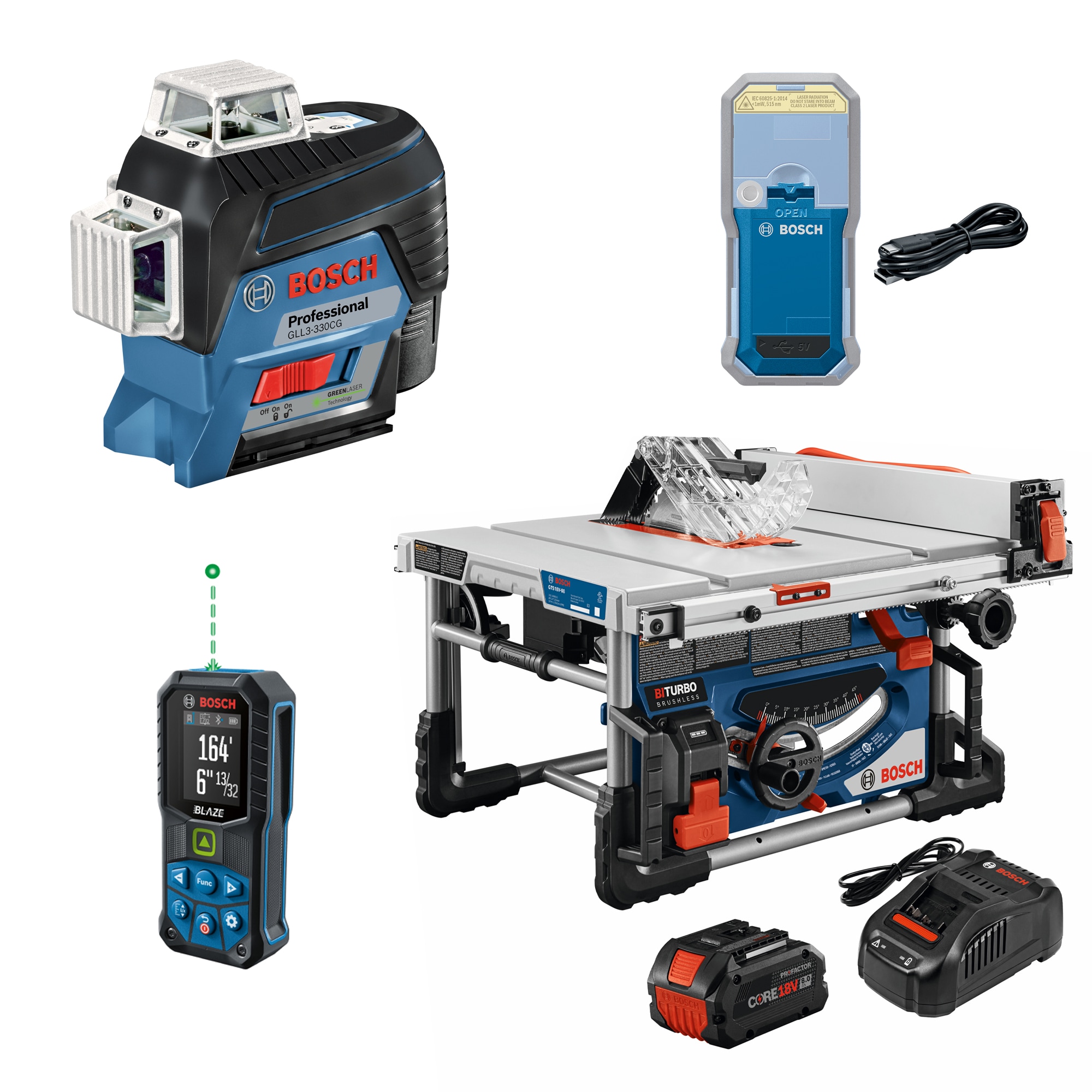 Bosch  PROFACTOR™ 18V 8-1/4 In. Portable Table Saw Kit with (1) CORE18V® 8 Ah High Power Battery, BLAZE™ Connected Green-Beam 165 Ft. Laser Measure, 360⁰ Green-Beam Three-Plane Leveling and Alignment-Line Laser, and GLM-BAT 3.7V Lithium-Ion 1 Ah Battery