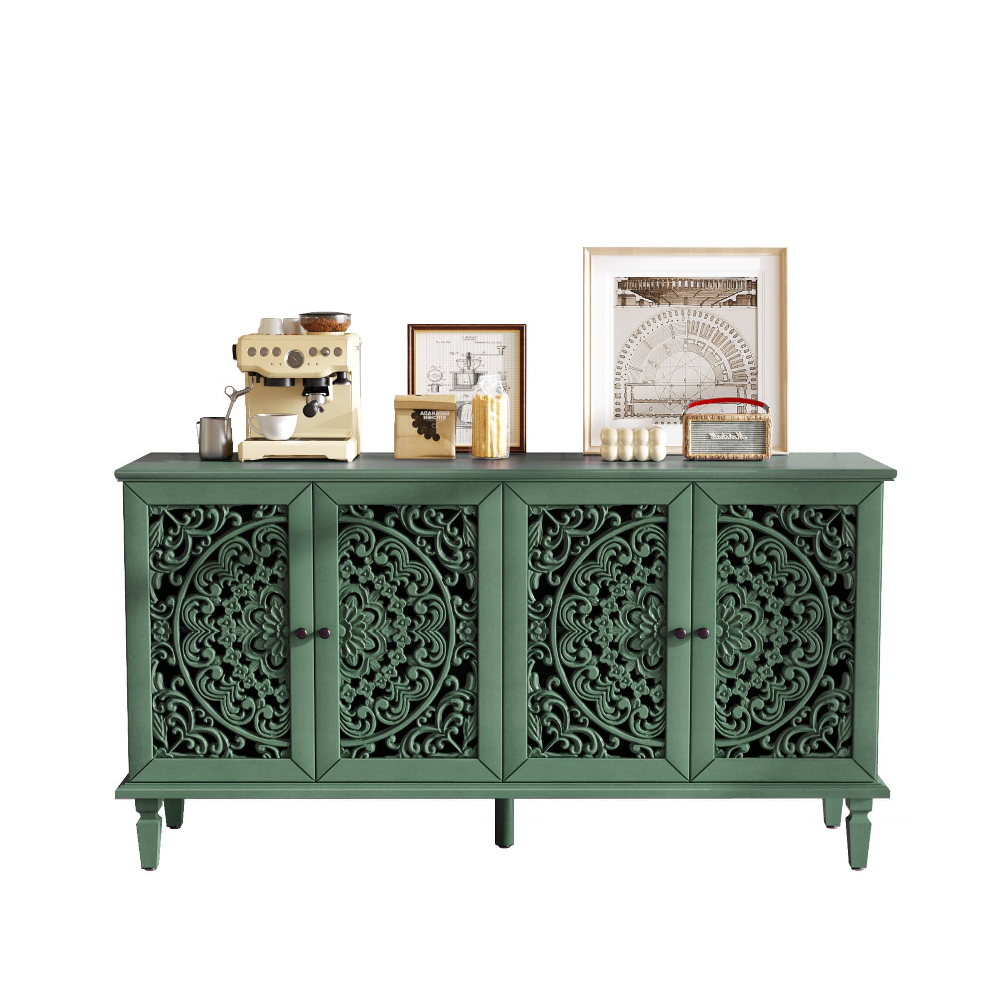 Vynxaria  Green TV Stand Entertainment Center Fits TV up to 65 in with Floral Carvings Adjustable Shelves Solid Wood Legs Brass Handles Buffet Sideboard