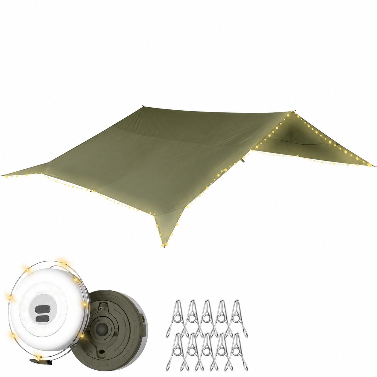 Yichuhaoxi  Portable Large 17 by 10 ft Waterproof Camping Tarp with 10 Meter LED String Lights Outdoor Emergency Shelter Kit