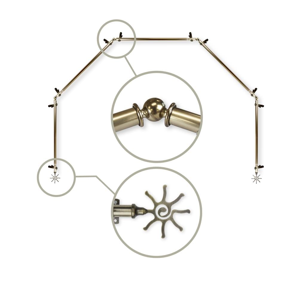 Hart & Harlow L5BAY-60-4 Burst 13/16-in 5-sided 28-in to 48-in Antique brass Steel Bay window curtain rod with Finials