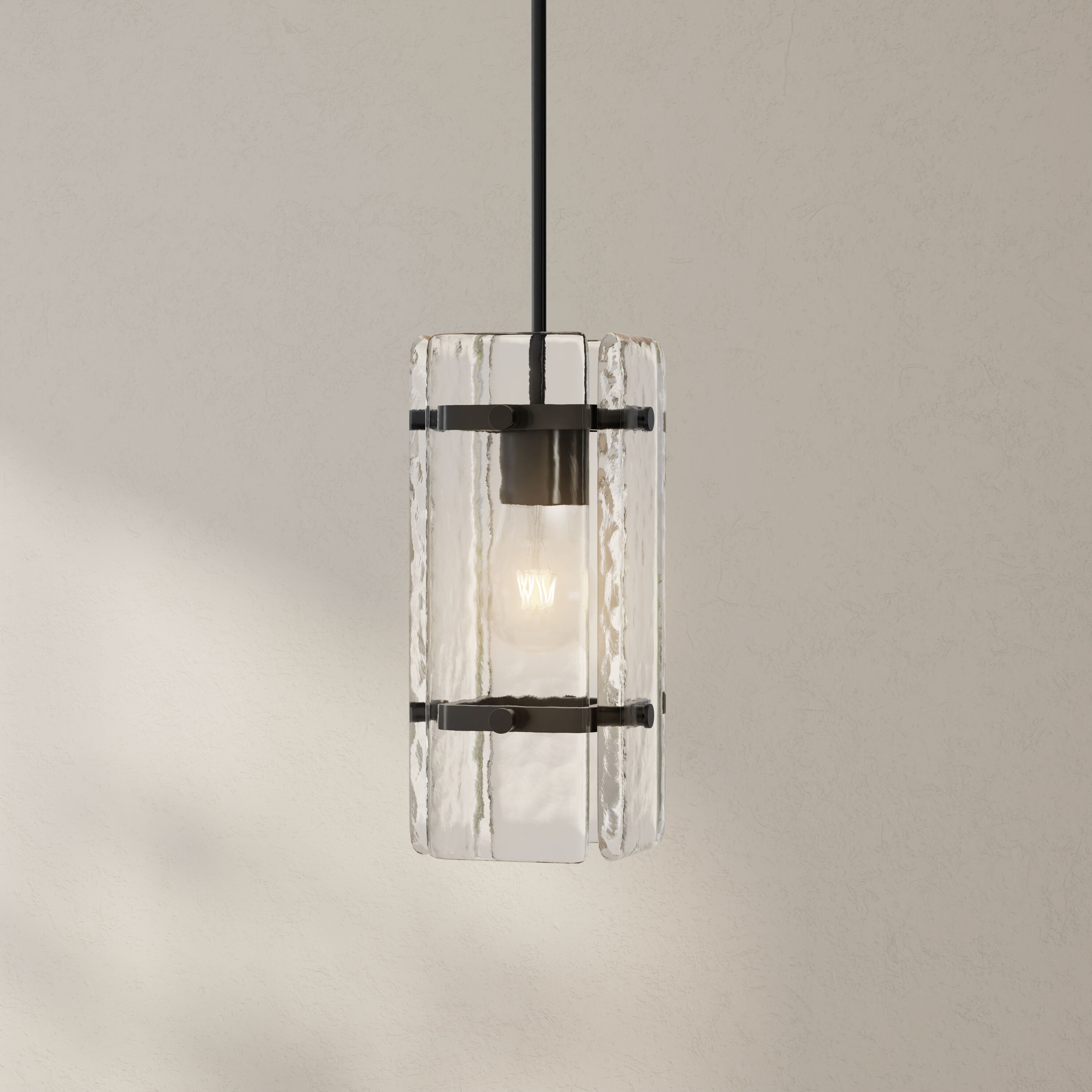 Progress Lighting P500434-31M Rivera 1 -Light Matte Black Craftsman Textured glass Square Mini Hanging Pendant light