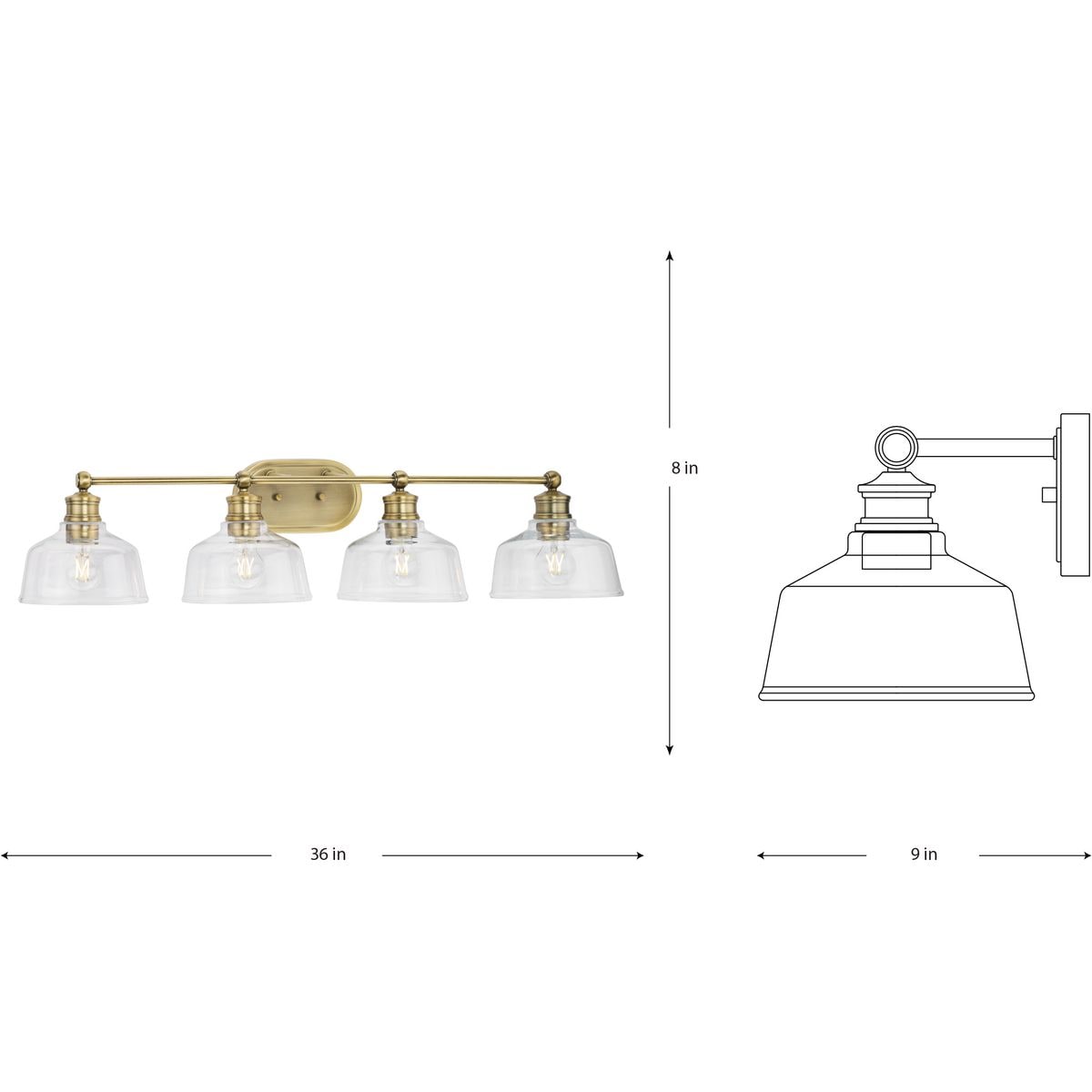 Singleton 36" Vintage Brass 4-Light Vanity Fixture with Clear Glass Shades
