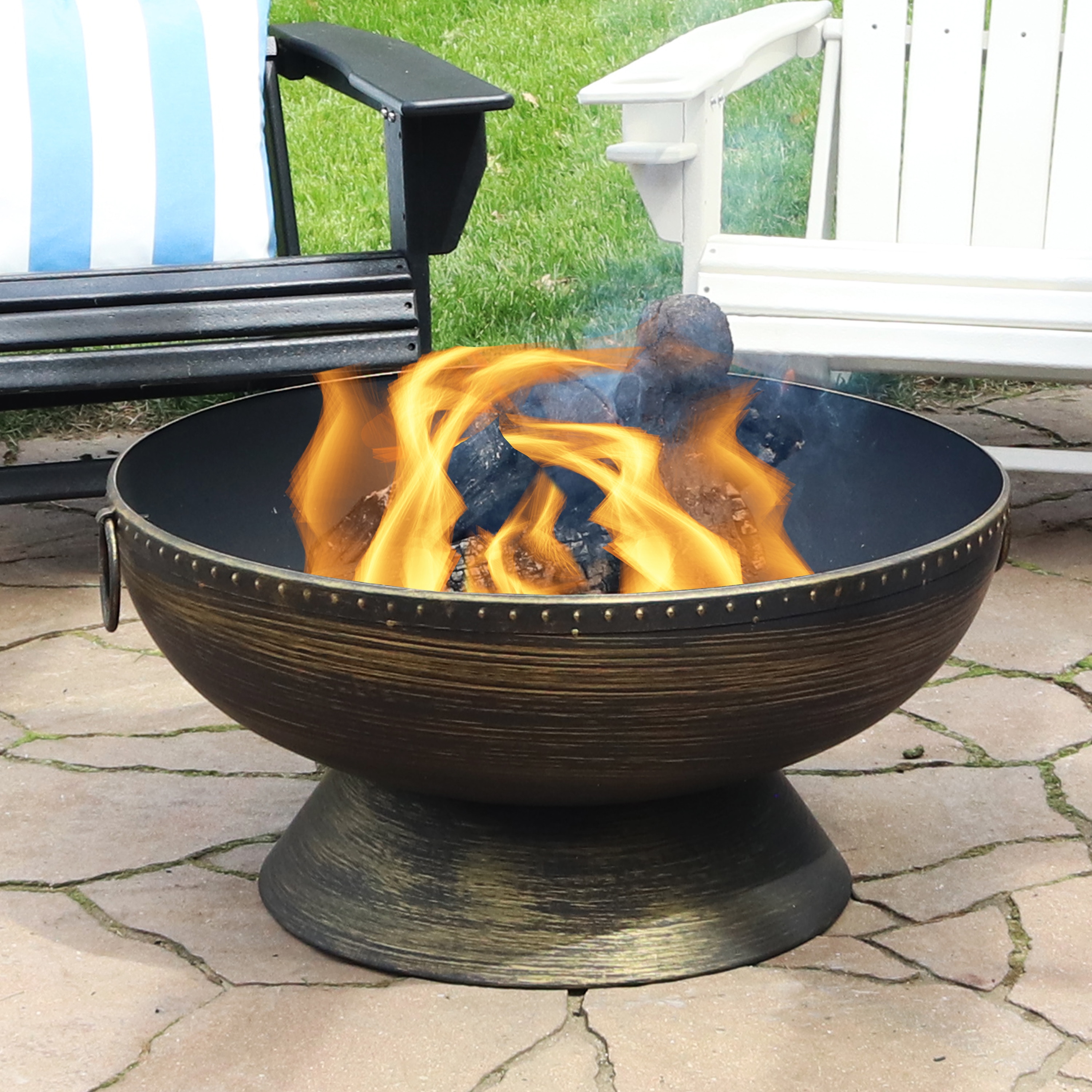 30" Black and Bronze Steel Wood-Burning Fire Pit with Screen and Poker