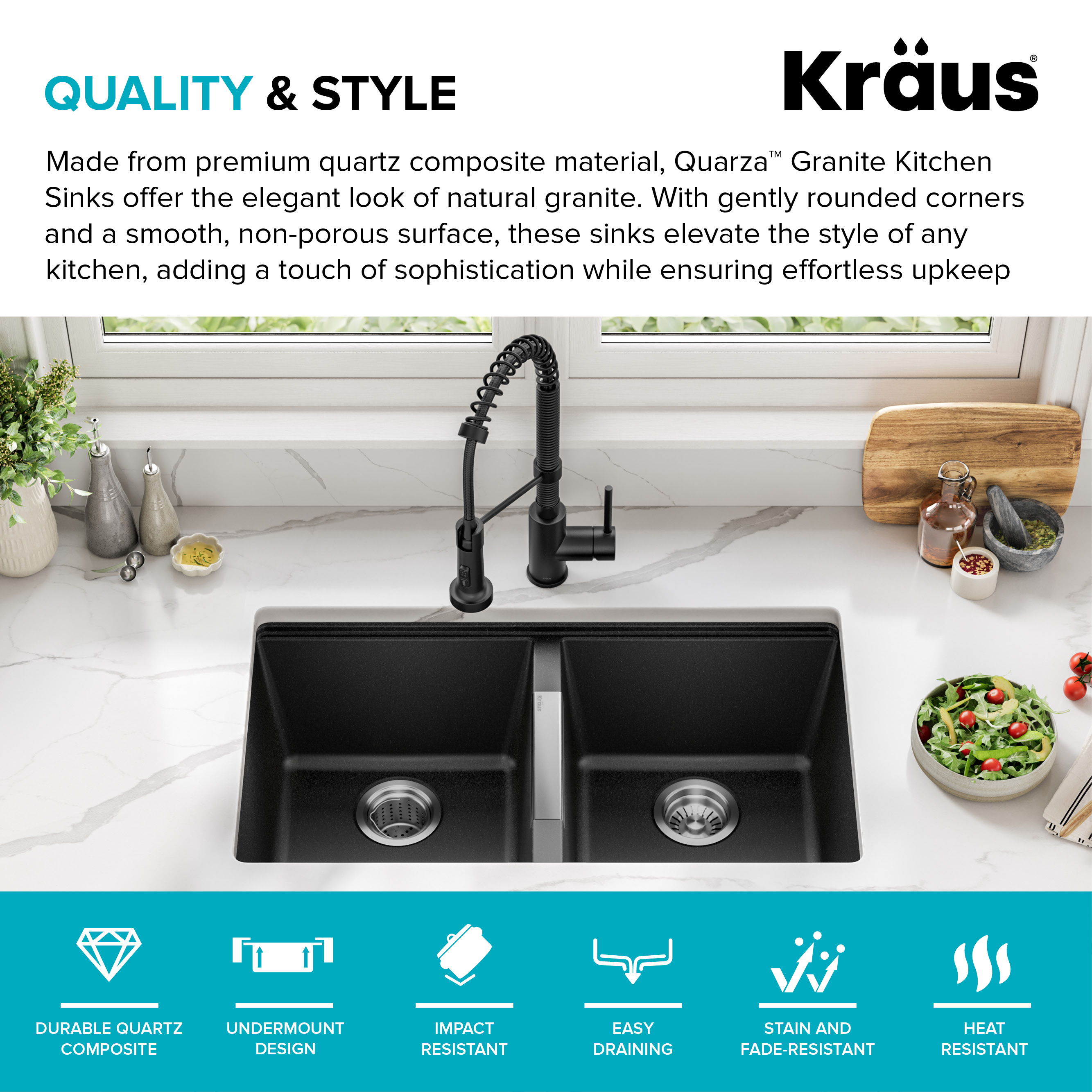 KRAUS 33 inch L Undermount 50/50 Double Bowl Black Onyx Granite Kitchen Sink
