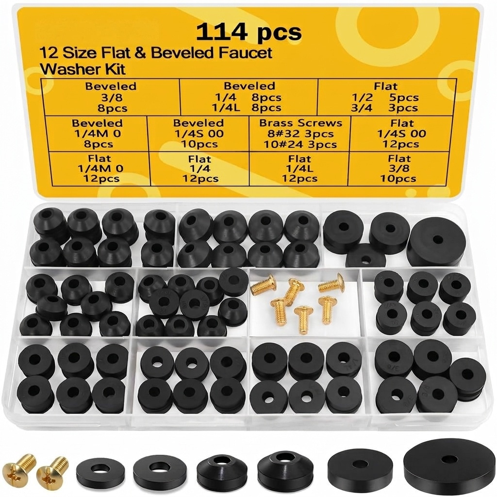 AOIZGMY  114 Piece Faucet Washer Assortment Kit Flat and Beveled Rubber Washers Brass Bibb Screws for Outdoor Spigot Hose Bib Garden Valve Sink