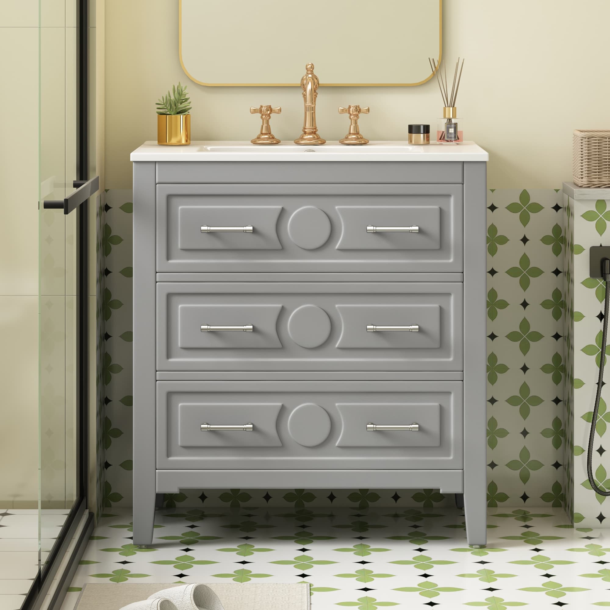 ModernLuxe L3P-N710P246209E 30inch Bathroom Vanity with Ceramic Sink Combo Free Standing Single Vanity Set with 3 Drawers Solid Wood Frame Bathroom Storage Cabinet Gray