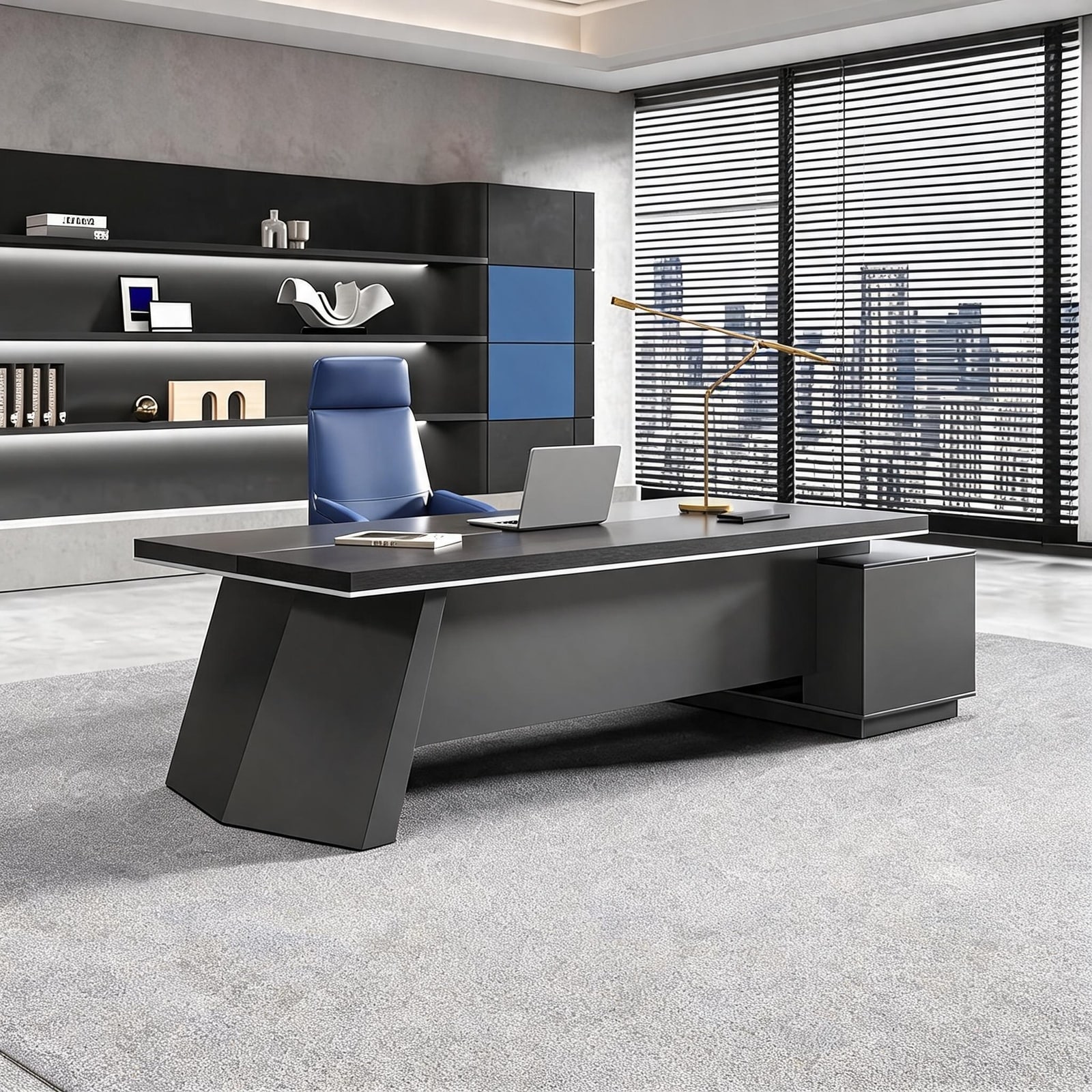 Horizons Prime 79 inch Grey and Black Engineered Wood L-Shaped Executive Desk with Built-in Power and USB Ports