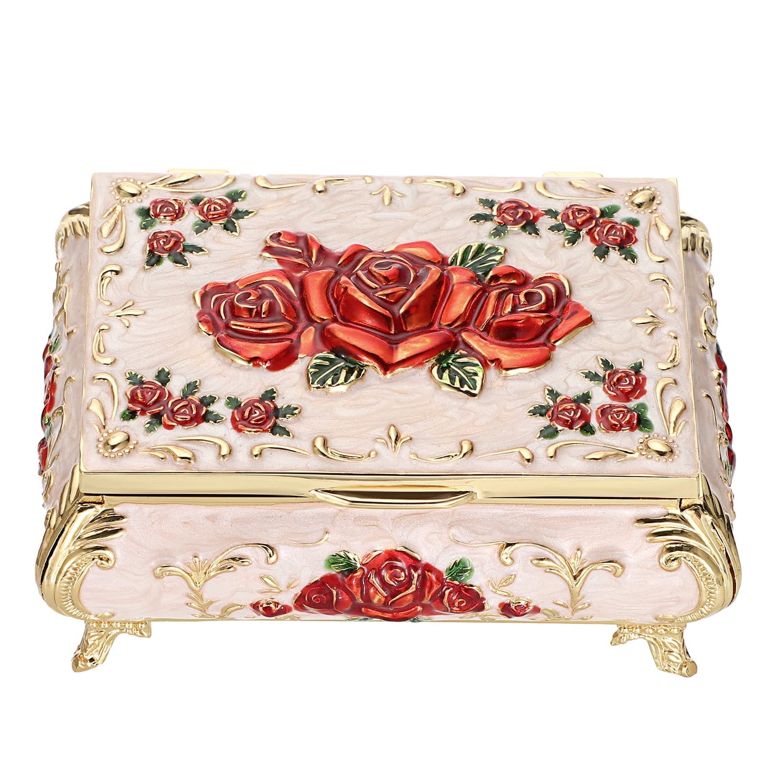Etokfoks  Vintage Series Small Antique Gold Floral Zinc Alloy Velvet Lined Jewelry Box Organizer for Rings Earrings Necklace