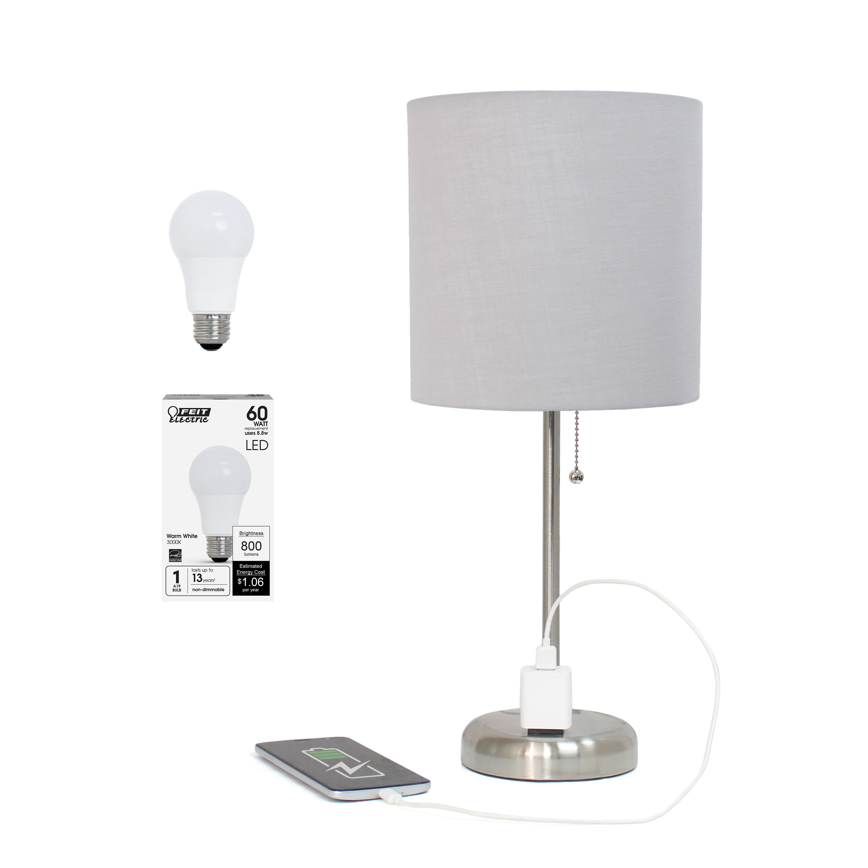 Oslo 19.5" Gray Metal Table Lamp with Fabric Shade and USB Port