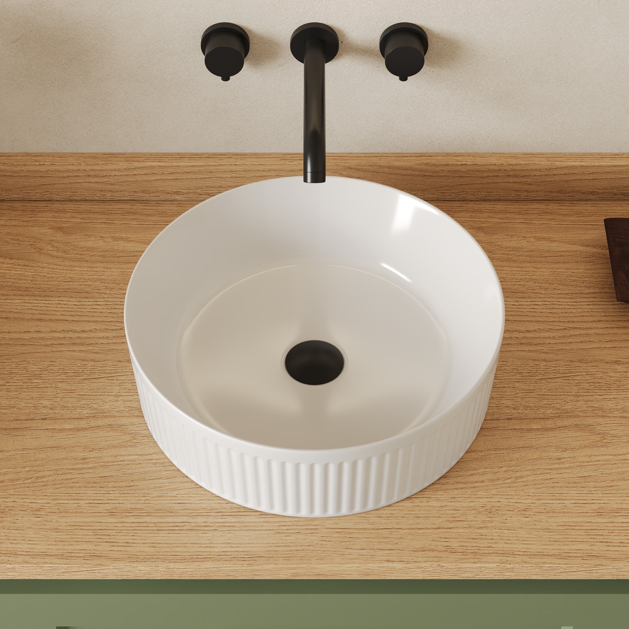 DeerValley DV-1V0320 Ceramic 15.75-in Vessel Round Modern White Ribbed Bathroom Sink