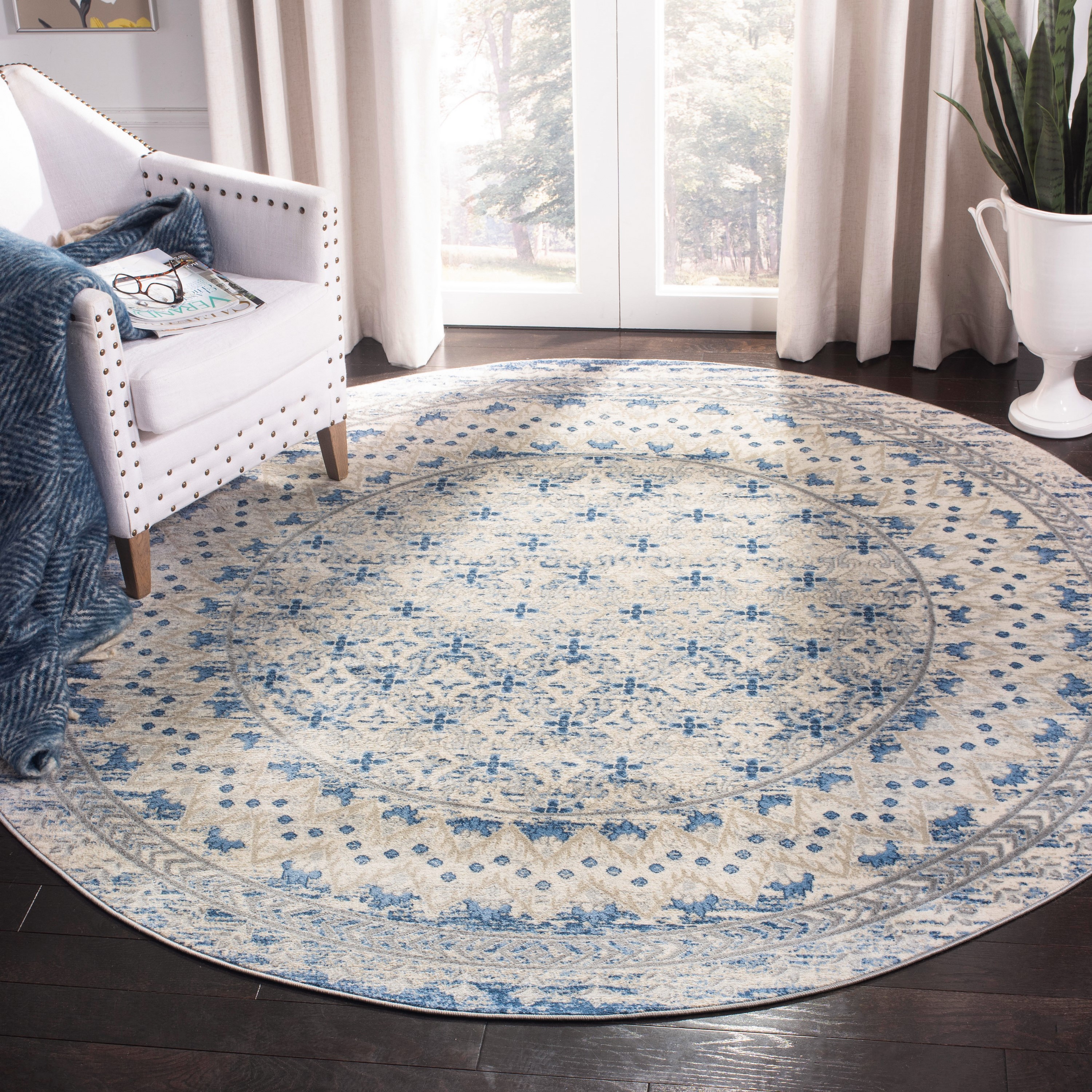Light Gray and Blue Round Stain-Resistant Synthetic Area Rug