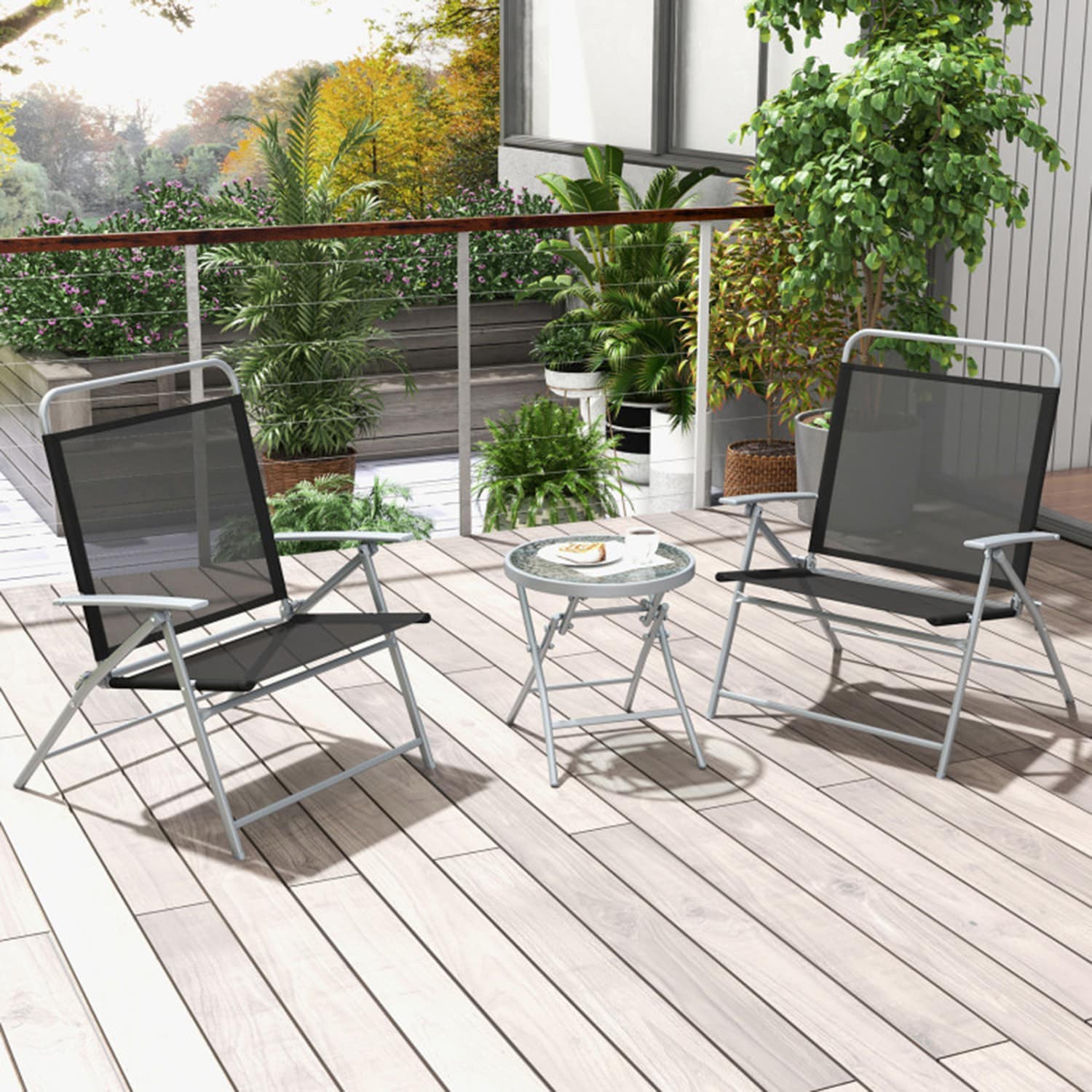 Mondawe - 3 Piece Folding Patio Set with Chairs and Glass Table Black