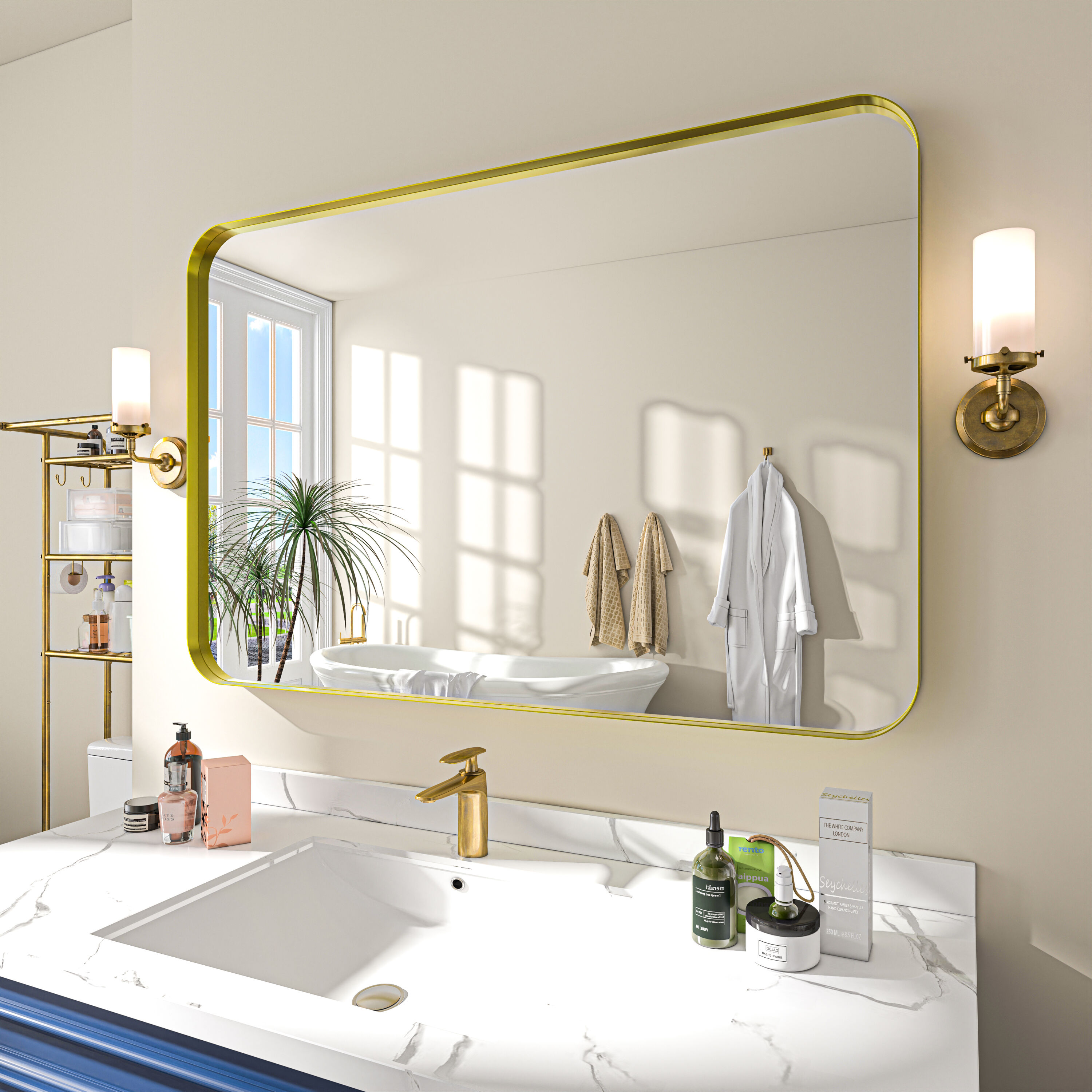 waterpar WPLO-2126 48-in x 32-in Polished Rectangle Bathroom Vanity Mirror ( Gold )