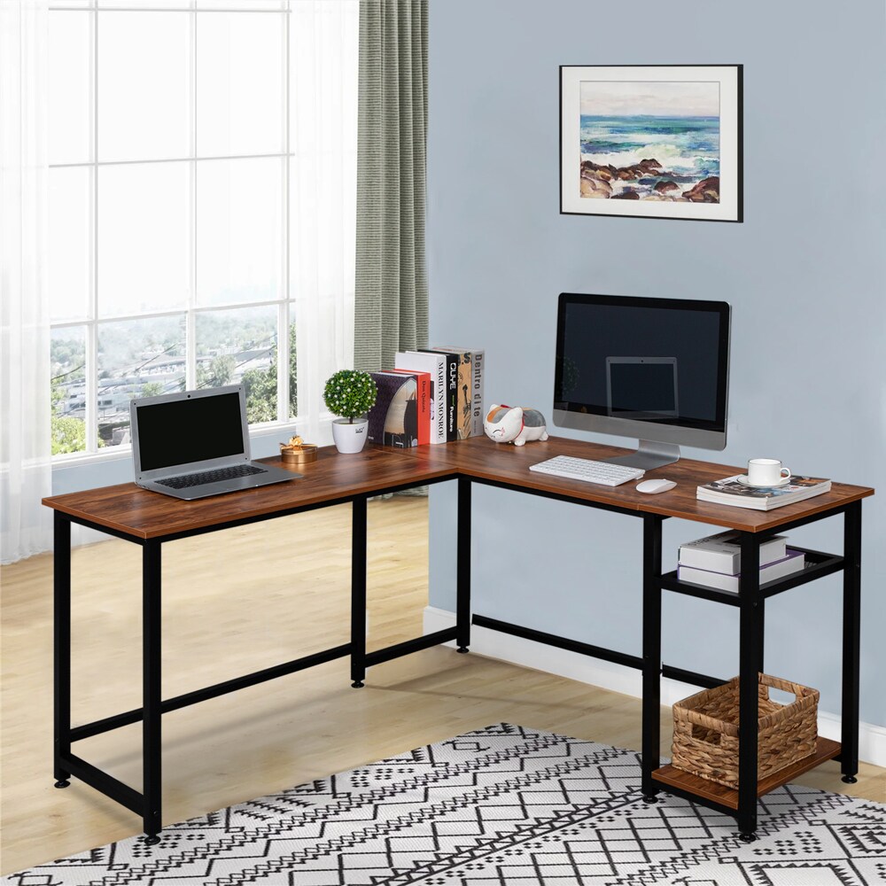 Winado 55.2-in Brown Traditional Pine L-shaped Desk at Lowes.com