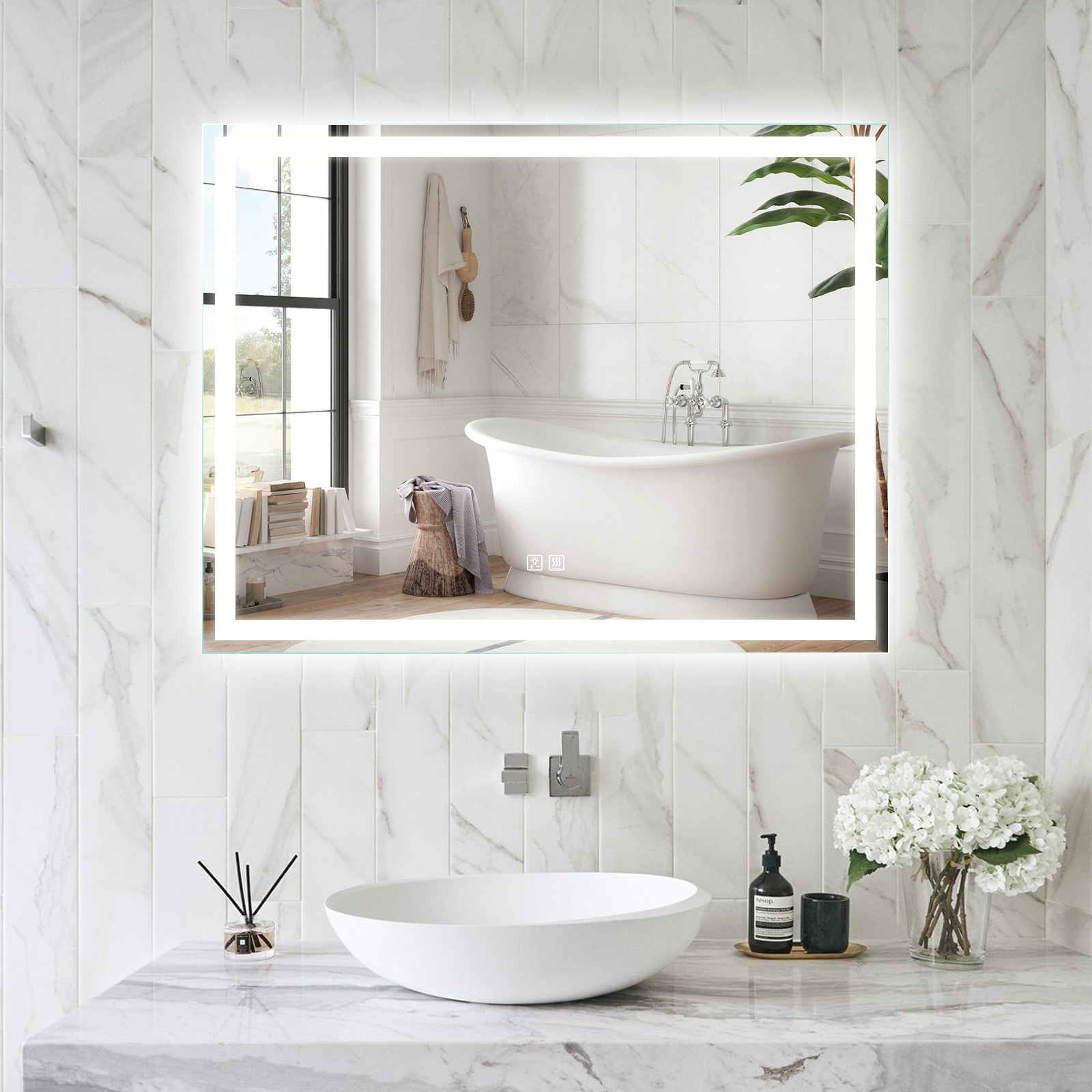 WELLFOR 60-in x 28-in Dimmable Lighted Silver Fog Free Frameless Bathroom Vanity Mirror | TRX-957AM