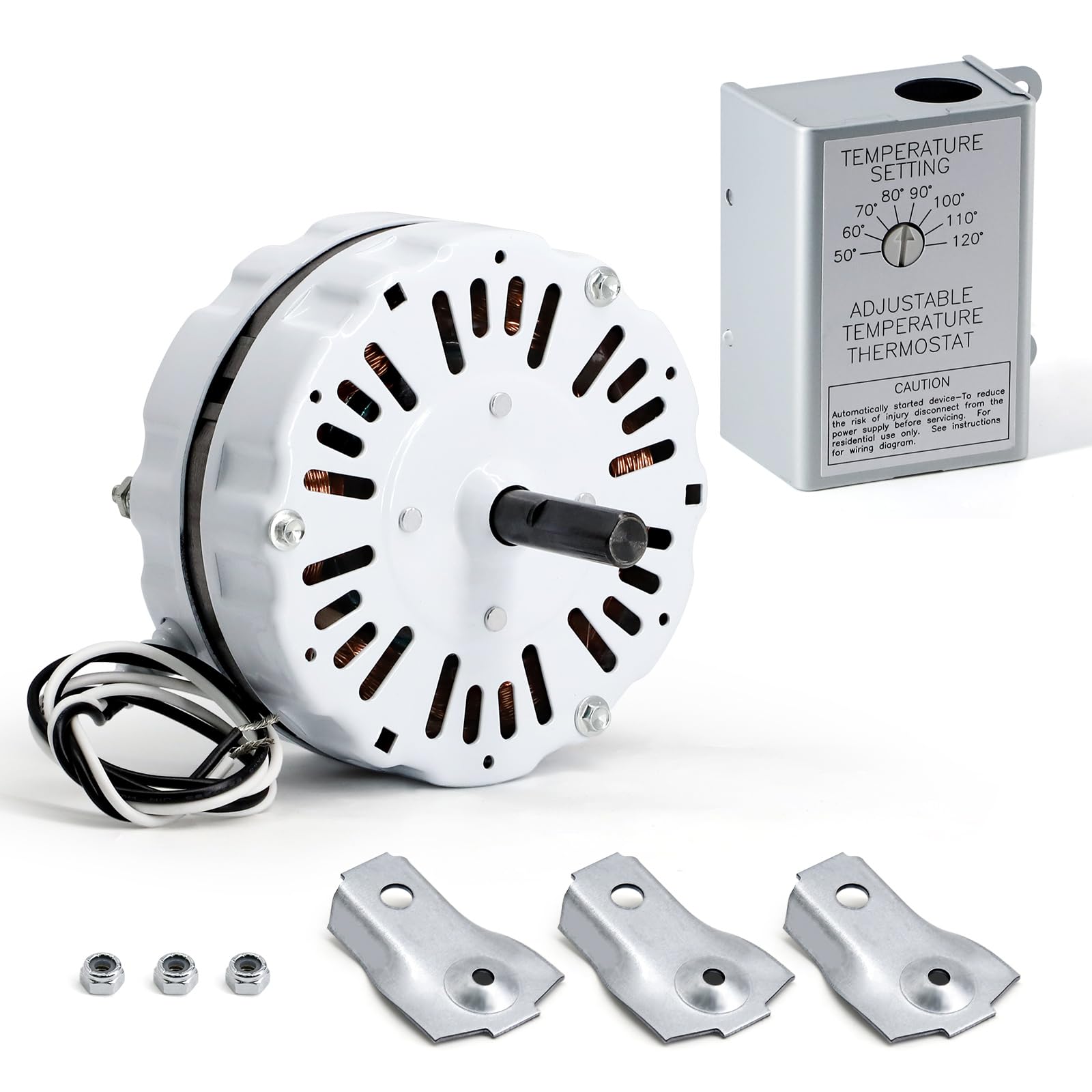 Phyfalip  Replacement Attic Fan Motor Kit 1 Tenth HP 1100RPM 120V with Adjustable Thermostat Switch Set Temperature Range 60F to 120F Compatible
