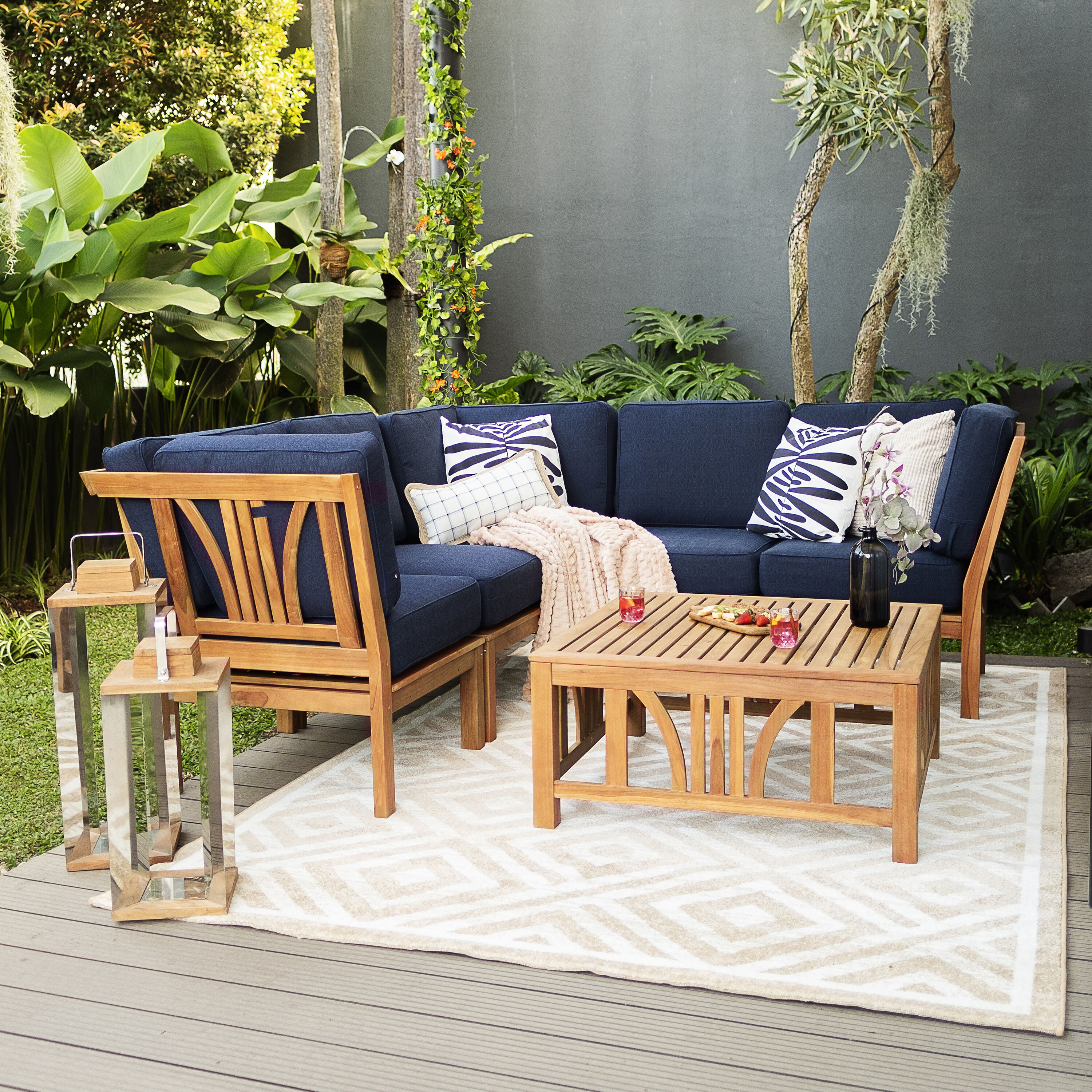 Cambridge Casual Chester Outdoor Sectional with Navy Cushions and Teak Frame