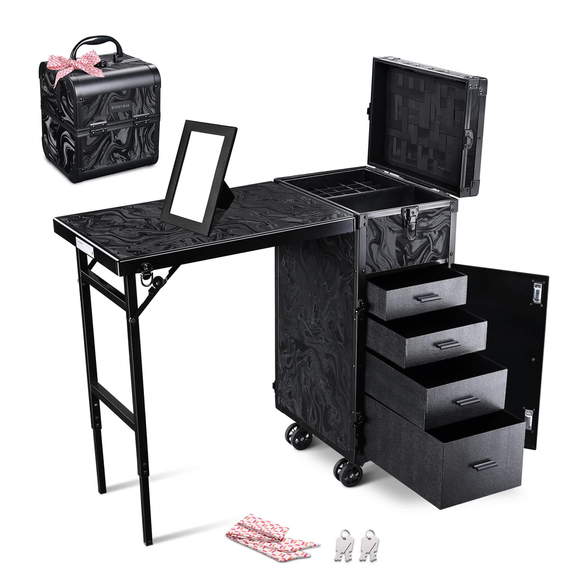 Yescom 12MKCSET-2728-C06-LO Byootique Rolling Nail Table and Makeup Case Kit Cosmetic Organizer Aluminum Black