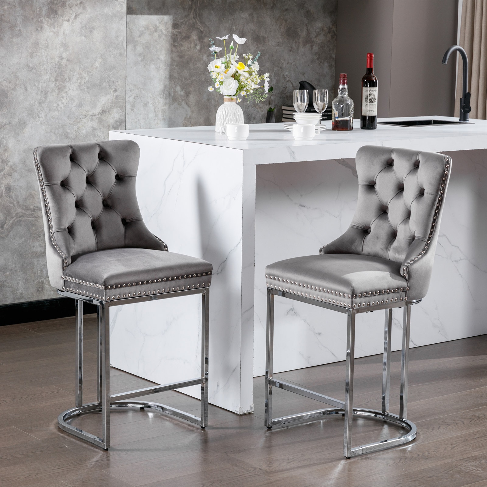 Hrinhom HC-D8003-GRAY GRAY 25.2-in H Tall Square seat Upholstered Metal Bar Stool and Back