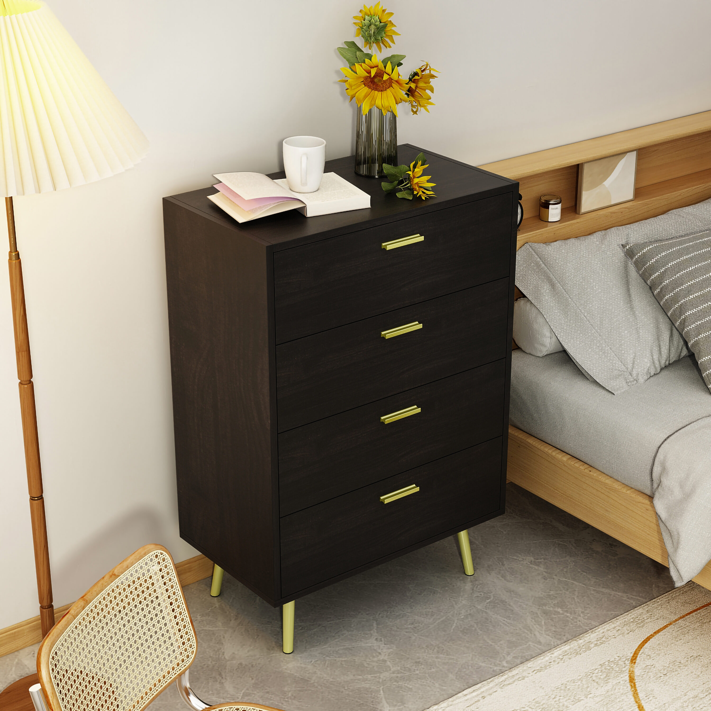 FUFU&GAGA Modern Black Dresser Chest with 4 Large Drawers | Spacious Storage Space | Sturdy Wood Top | Easy Assembly | Contemporary Style -  LJY-WZ0052-01
