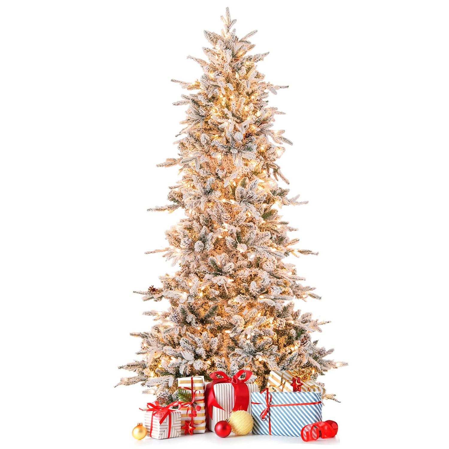 Costway CSHY000498 7.5 FT Pre-Lit Christmas Tree Snow Flocked Hinged 1107 Branch Tips and 350 Lights