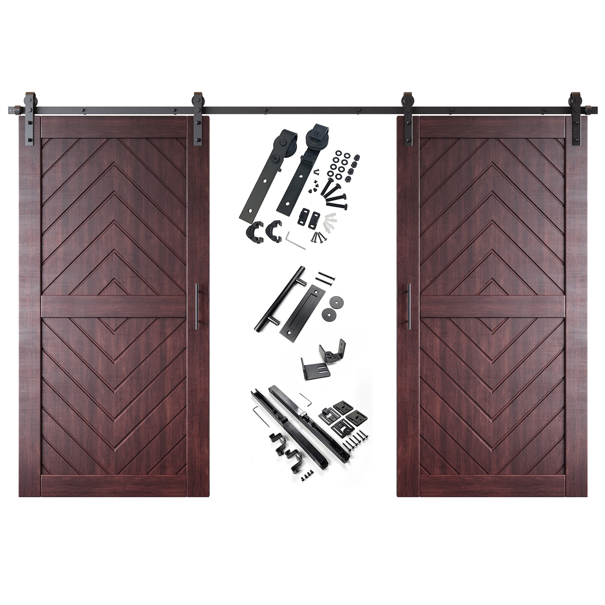 HOMACER YT2H168C-JT2-4080-RD 40-in x 80-in Red Mahogany Herringbone Pine Wood Solid core Double Barn Door (Hardware Included)