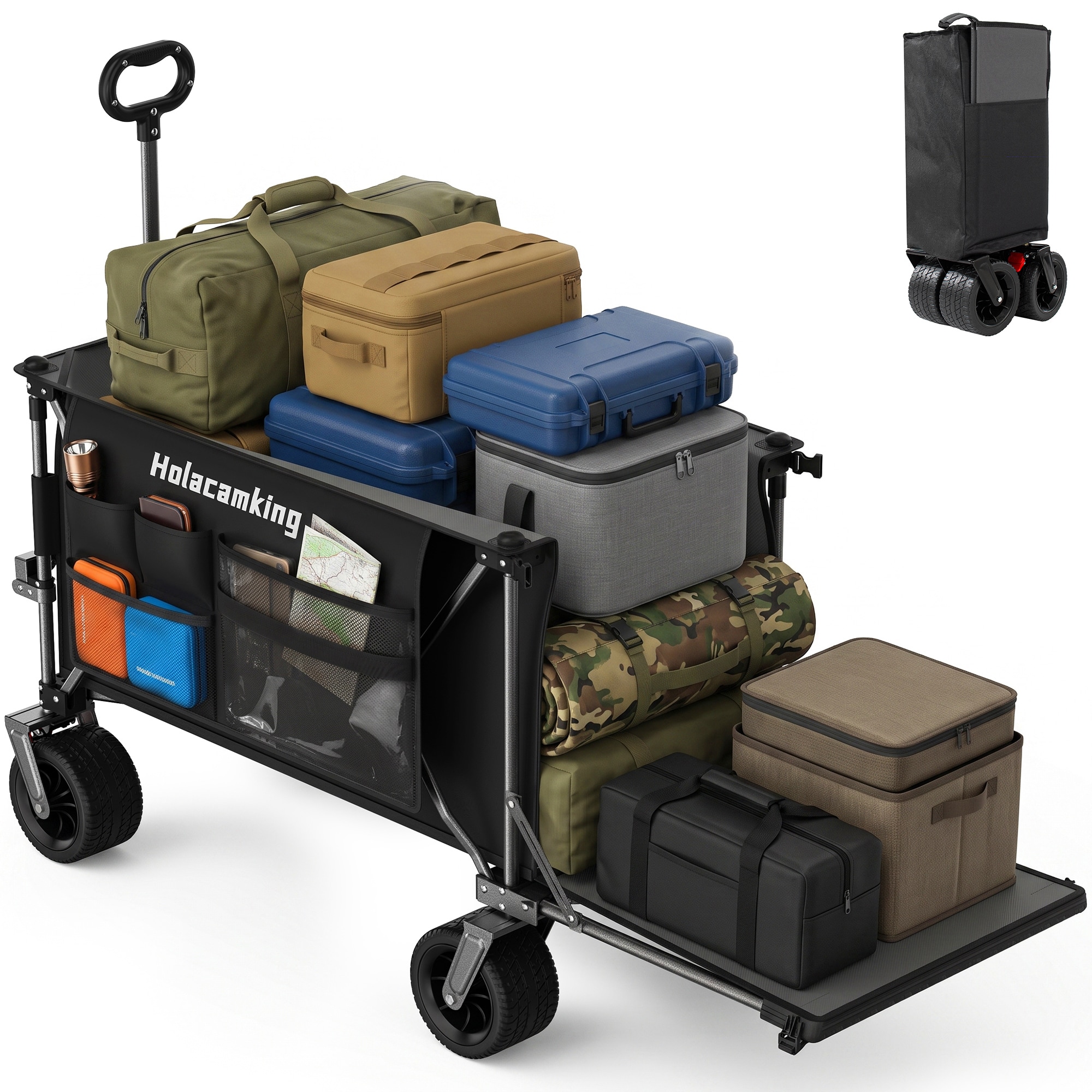 YOSIMFUR - 58 Inch Foldable Wagon with Extended Tailgate Black Heavy Duty Utility Cart 500LBS Loa...