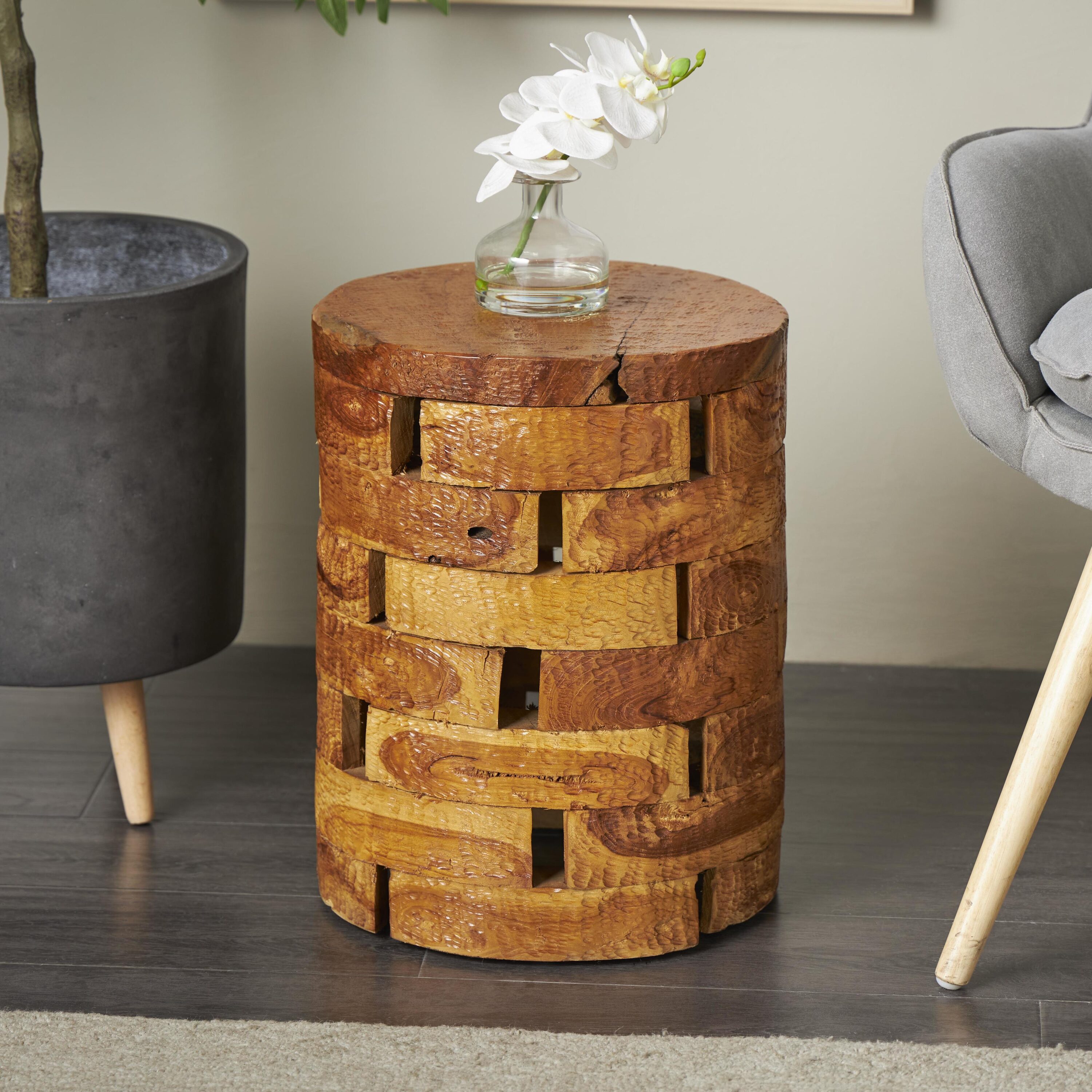 Handcrafted Teak Wood Live Edge Accent Table - 14" x 18" Brown