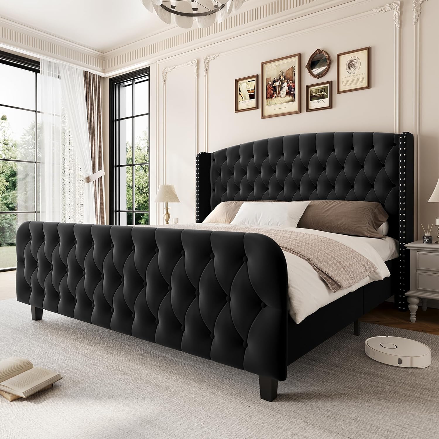 Qeetex PD-PHK-33VEDB5N Queen Upholstered Bed Frame-51in Tall-Wingback Headboard-Footboard-Velvet Platform-No Box Spring Needed-Easy Assemble-Black
