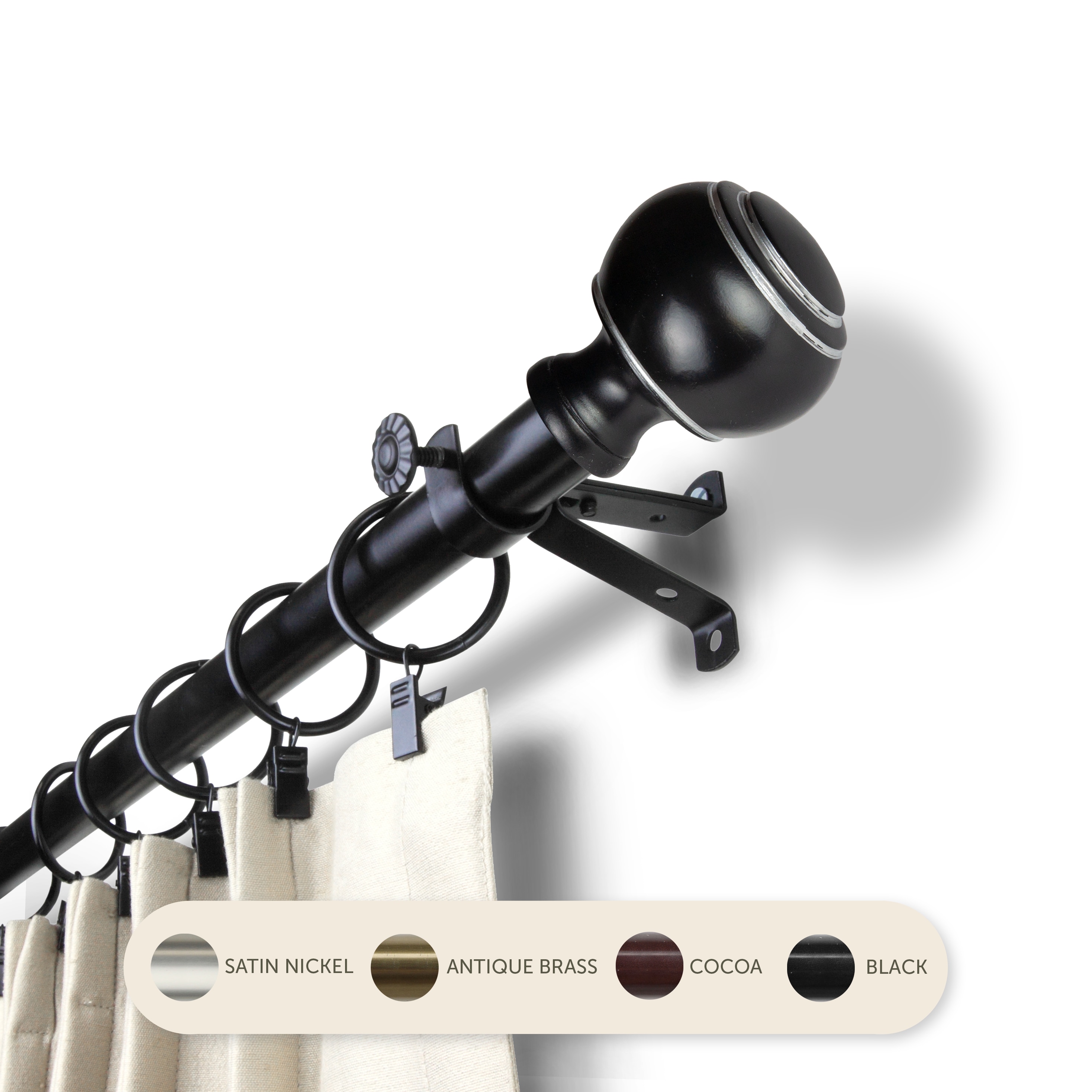 Hart & Harlow L-4898-182 Jaxon 13/16-in 18-in to 28-in Black Steel Single curtain rod with Finials