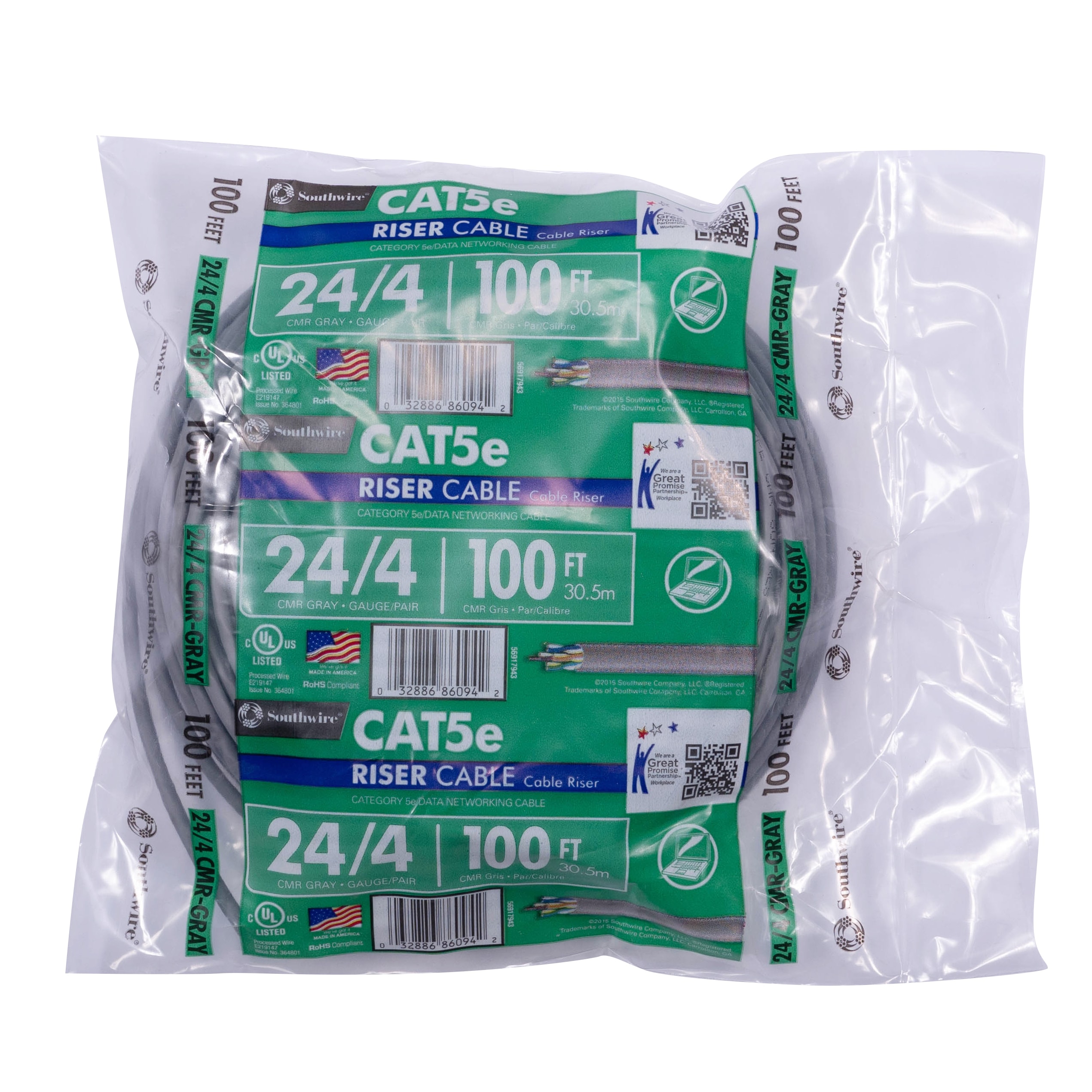 Southwire 56917943 100-ft 24 CAT 5e 4 Riser Gray Data Cable Coil