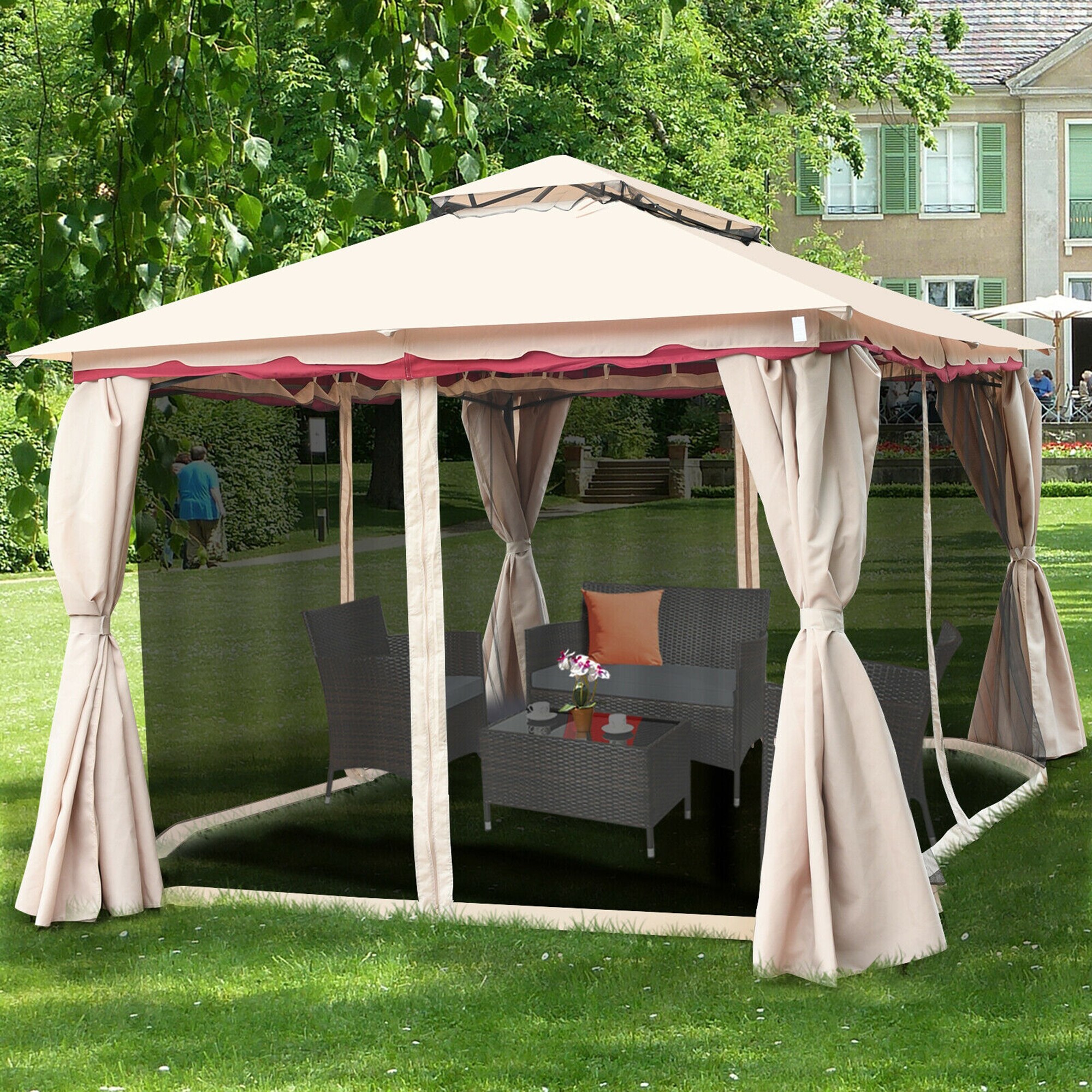 Mondawe 10-ft X 13-ft Rectangle Beige Metal Polyester Roof Gazebo With ...