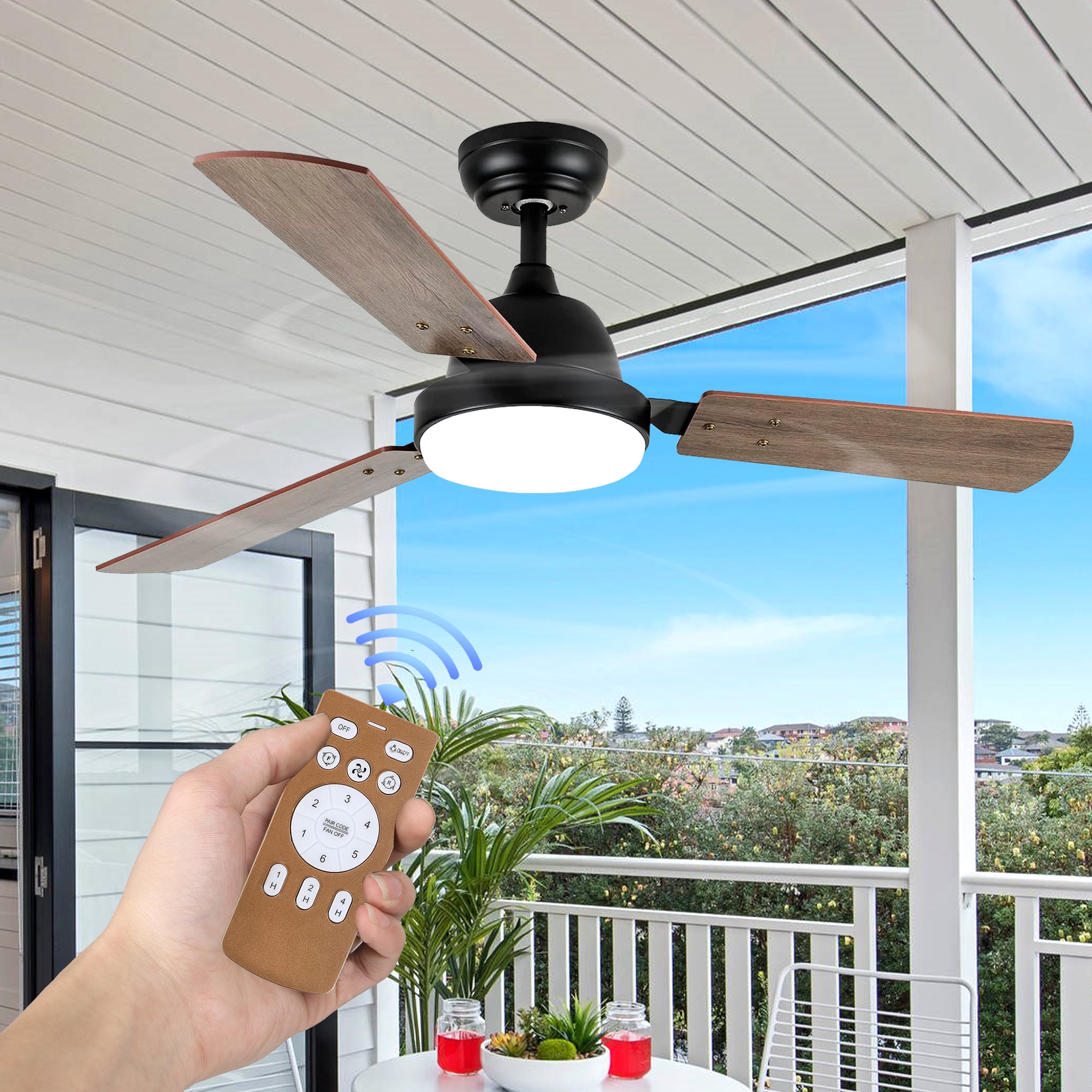 Sunrinx CF-23-DS 44-in Integrated LED Black with Light Brown Blades Propeller Ceiling Fan With Light - Remote Included ( 3 -Blade )