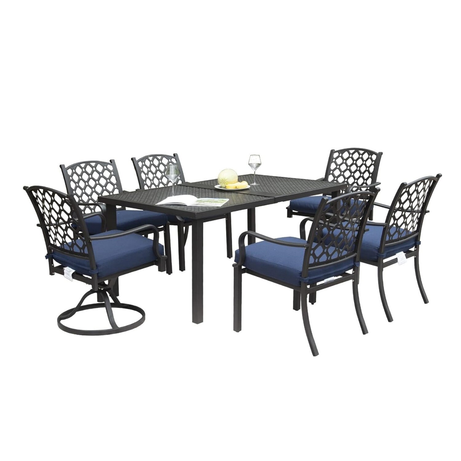 Dimakai DK-CPL-00114 7 -Piece Black Patio Dining Set Iron Rectangle Table with 6 Blue Cushions Swivel Chairs and Umbrella Included