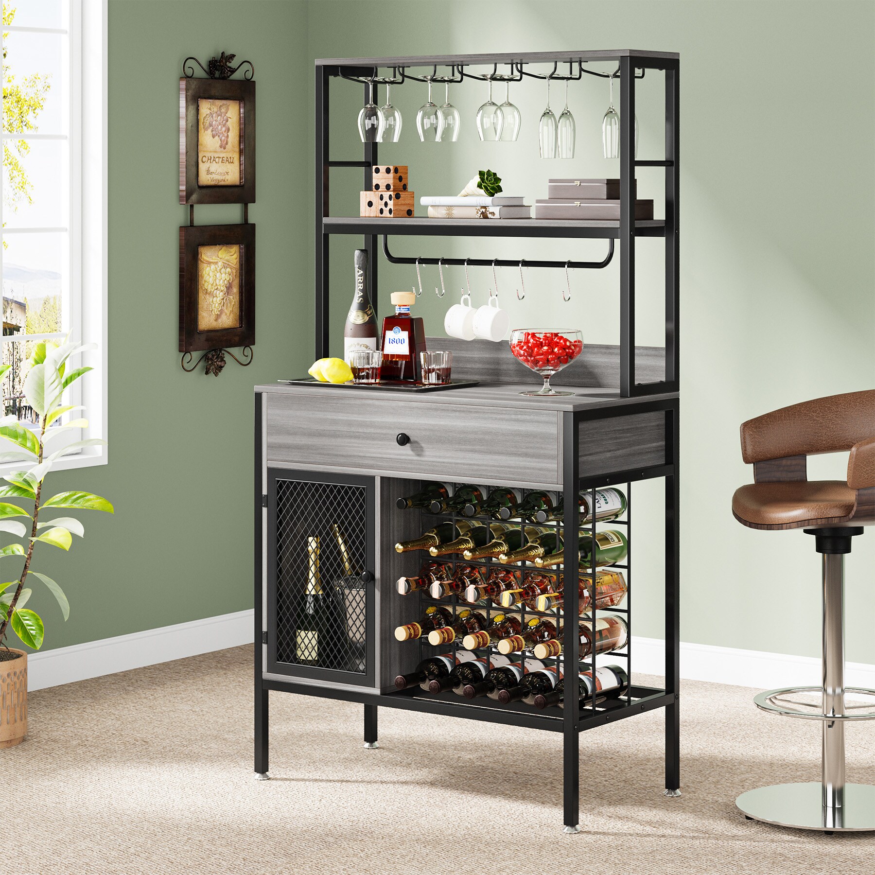 Tribesigns Contemporary Grey Wine Cabinet With Large Storage Holds 25 Bottles 12 Glasses And 8111