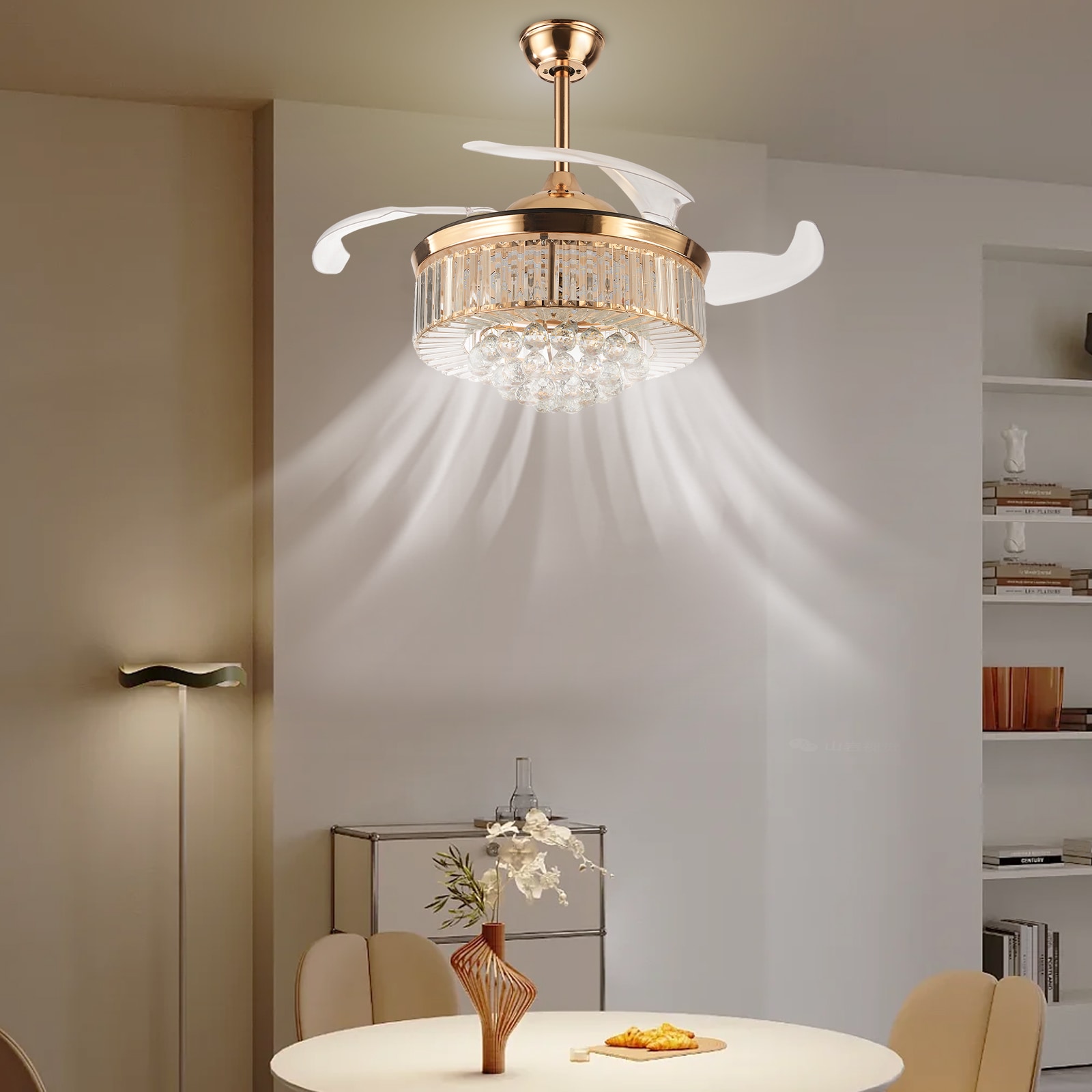 Oukaning 42-in Gold Reverse 6-Speed LED Chandelier Ceiling Fan With Light and Wall Switch Included