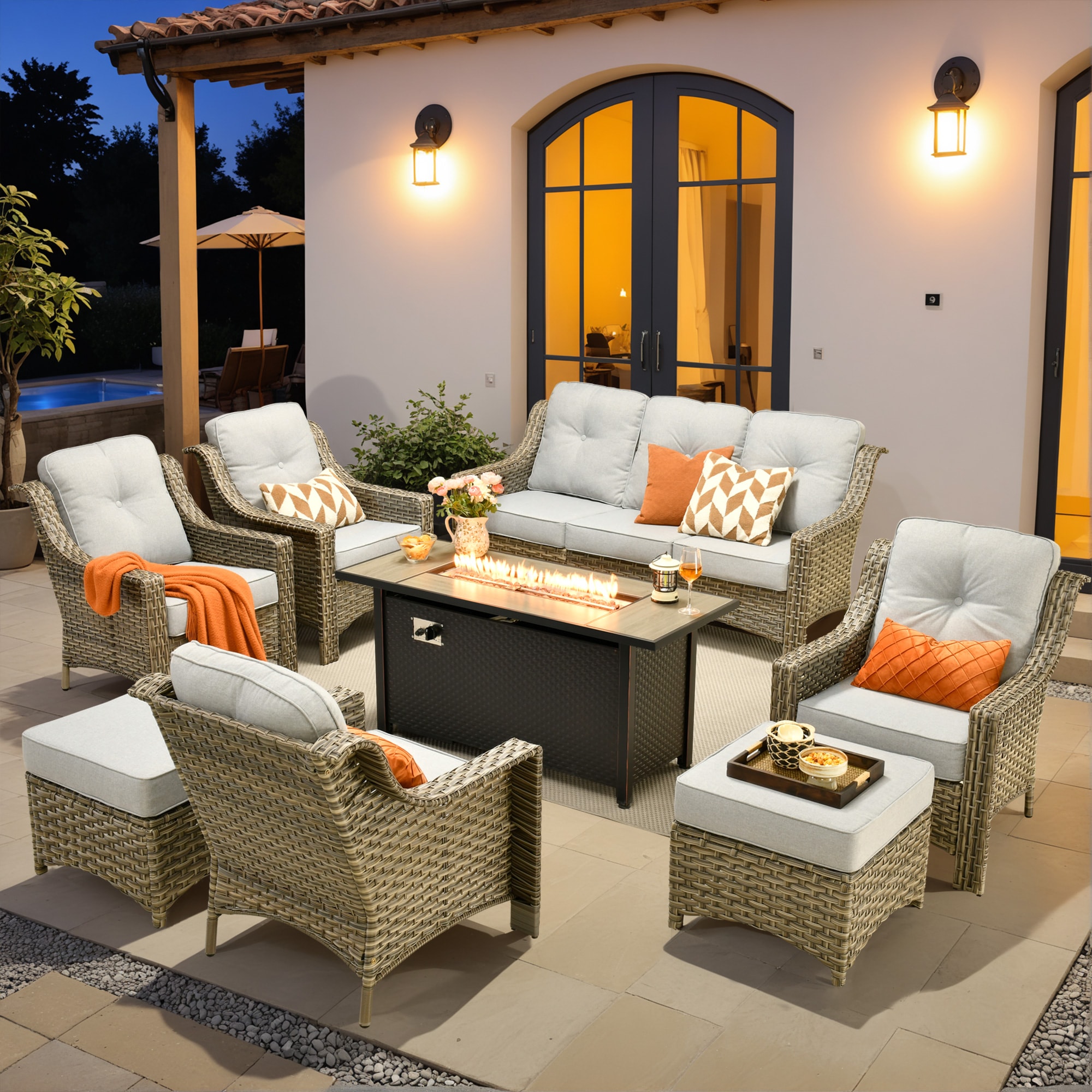 XIZZI XIPAD4075-IFP54 Pyrophyllite 8 -Piece Rattan Patio Sofa Conversation Set with Light Gray Cushions