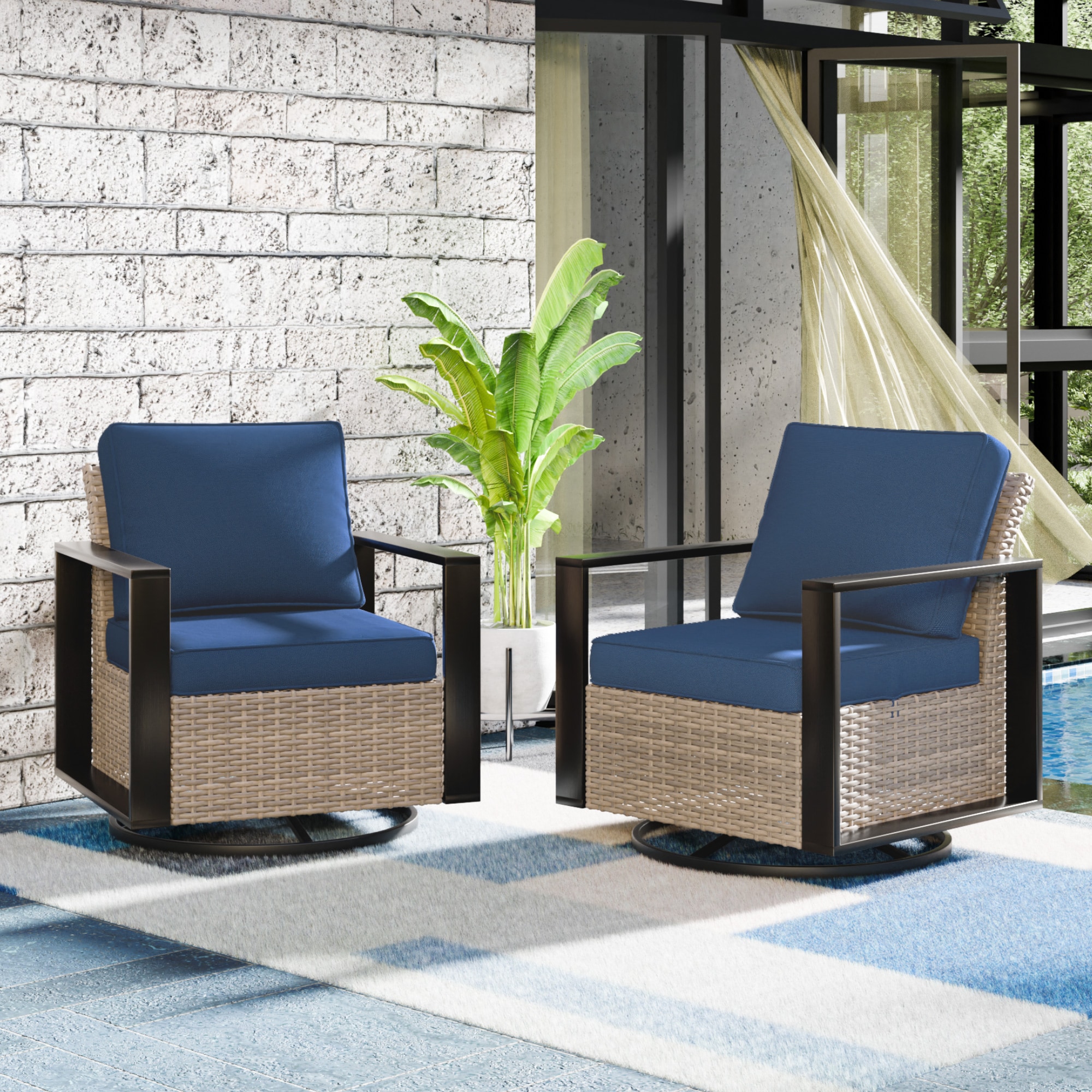 Gardenbee HGL-M28B-DKB Set of 2 Wicker Brown Steel Frame Swivel rocker Conversation Chair with Blue Cushioned Seat