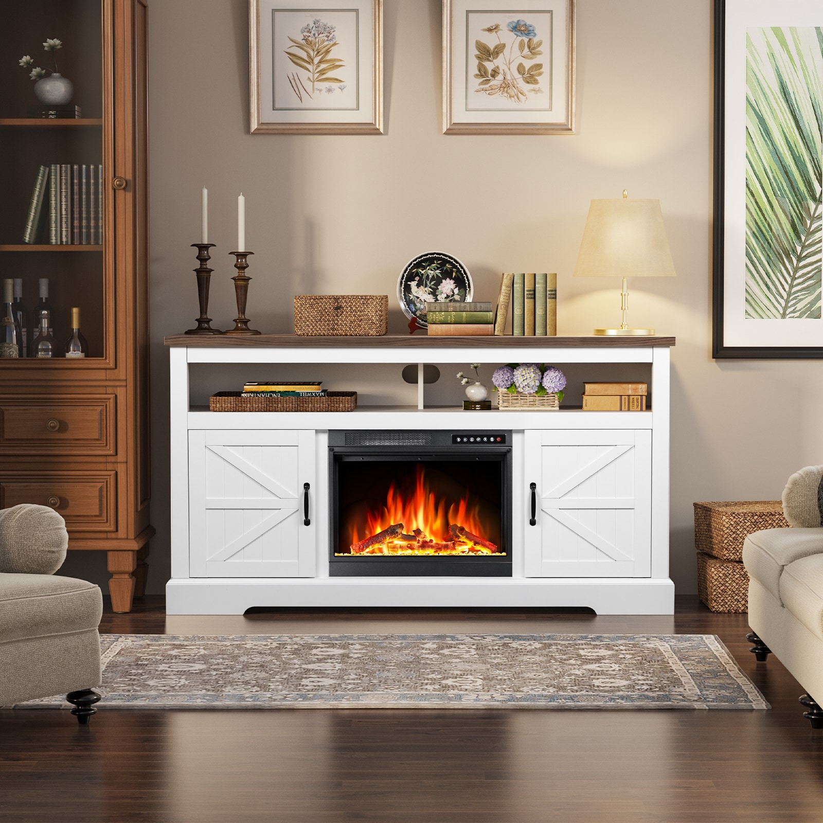 COWSAR LSM2301WAL 60-Inches W Walnut White TV Stand with Infrared quartz Corner or flat wall Electric Fireplace with Remote Control Included