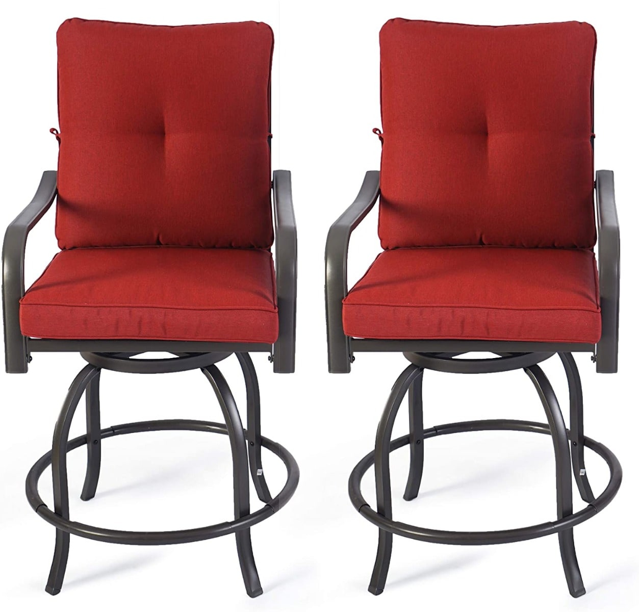 Kozyard KZC216BU Patio chairs Set of 2 Brown/Powder Coated Steel Frame Swivel Bar Stool Chair with Red Cushioned Seat