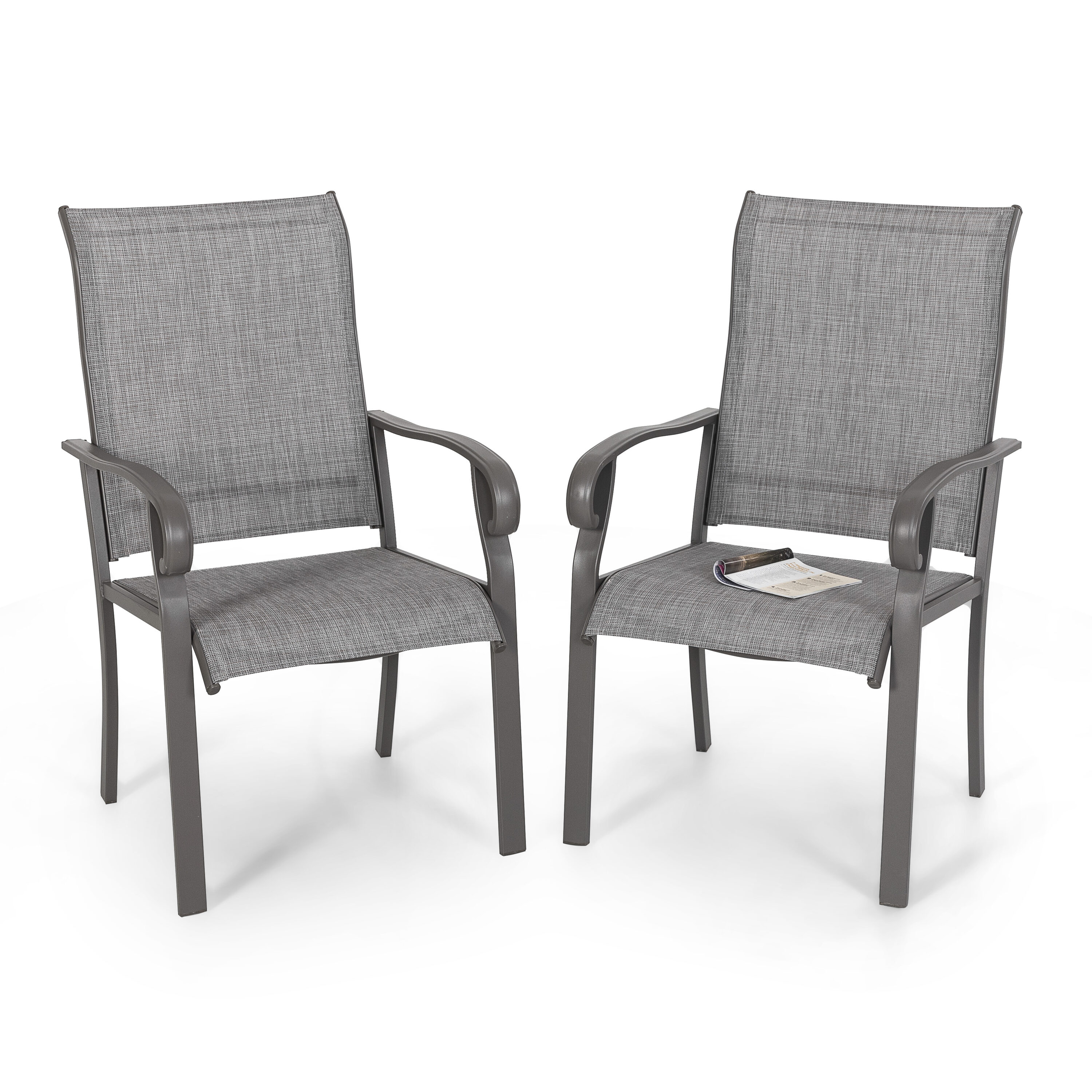 Light Gray Textilene and Iron Outdoor Dining Chairs, Set of 2