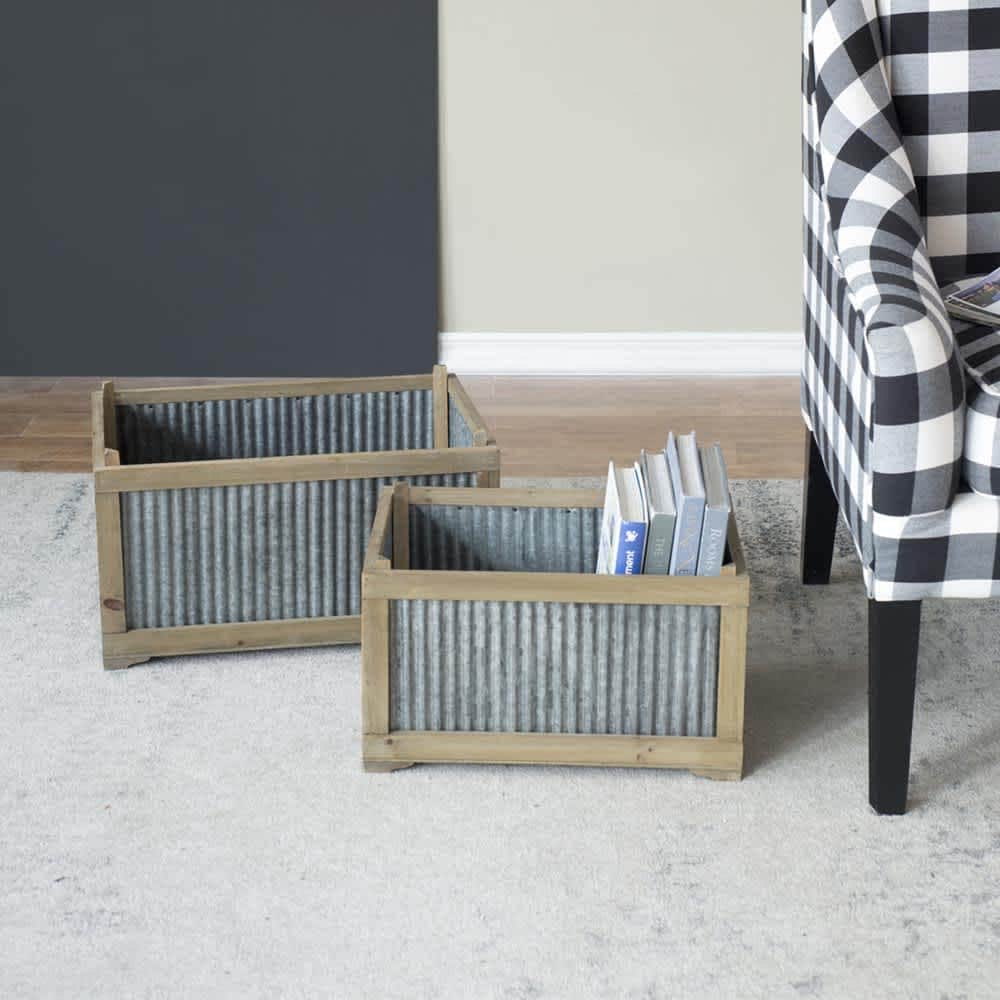 JUJABU ZJURN PLANTER-6 Brown and Silver Set Of 2 Rectangular Rustic Planter Indoor and Outdoor