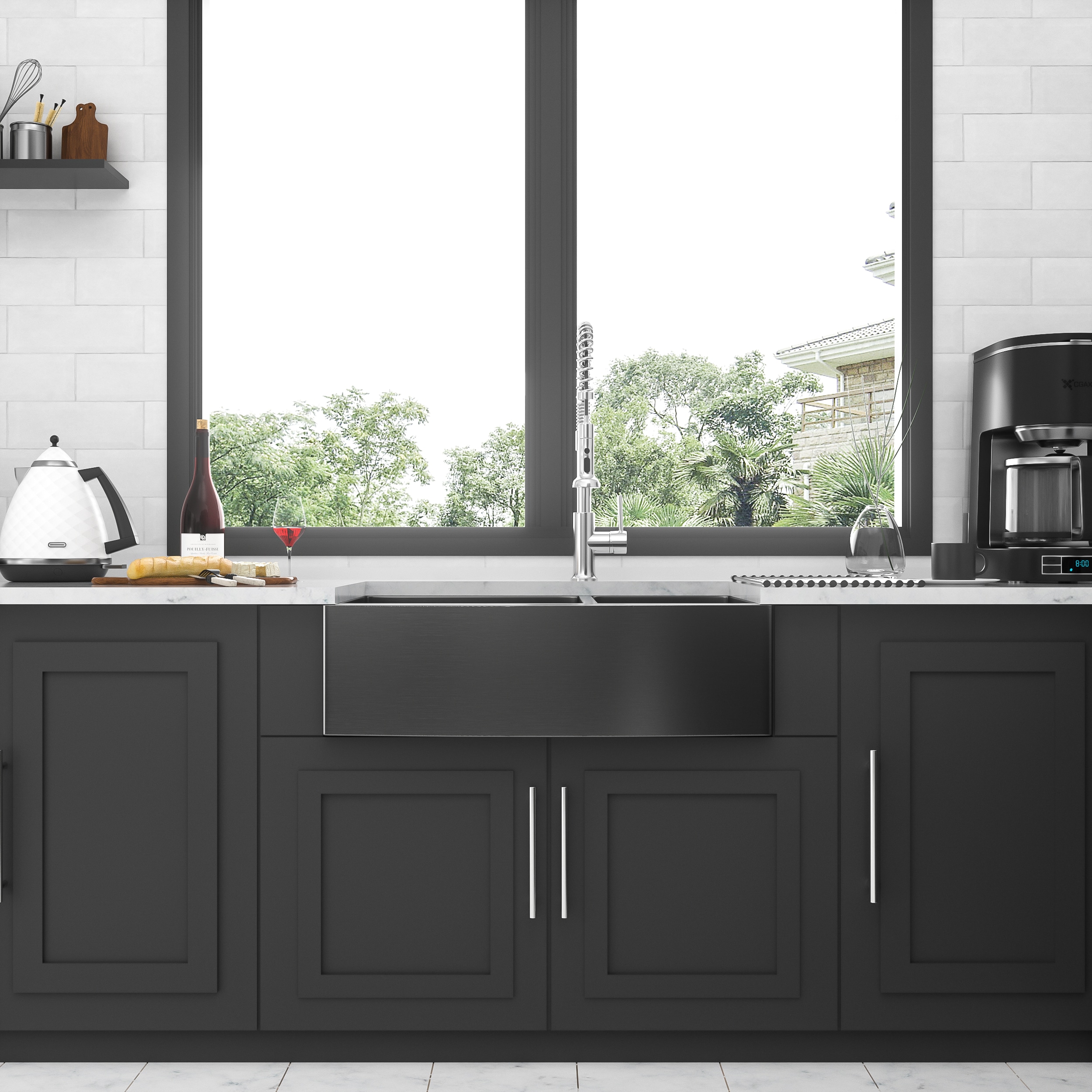 Afhocomp Farmhouse apron front 36-in x 21-in Stainless Steel 16 Gauge Double equal bowl Kitchen Sink in Black