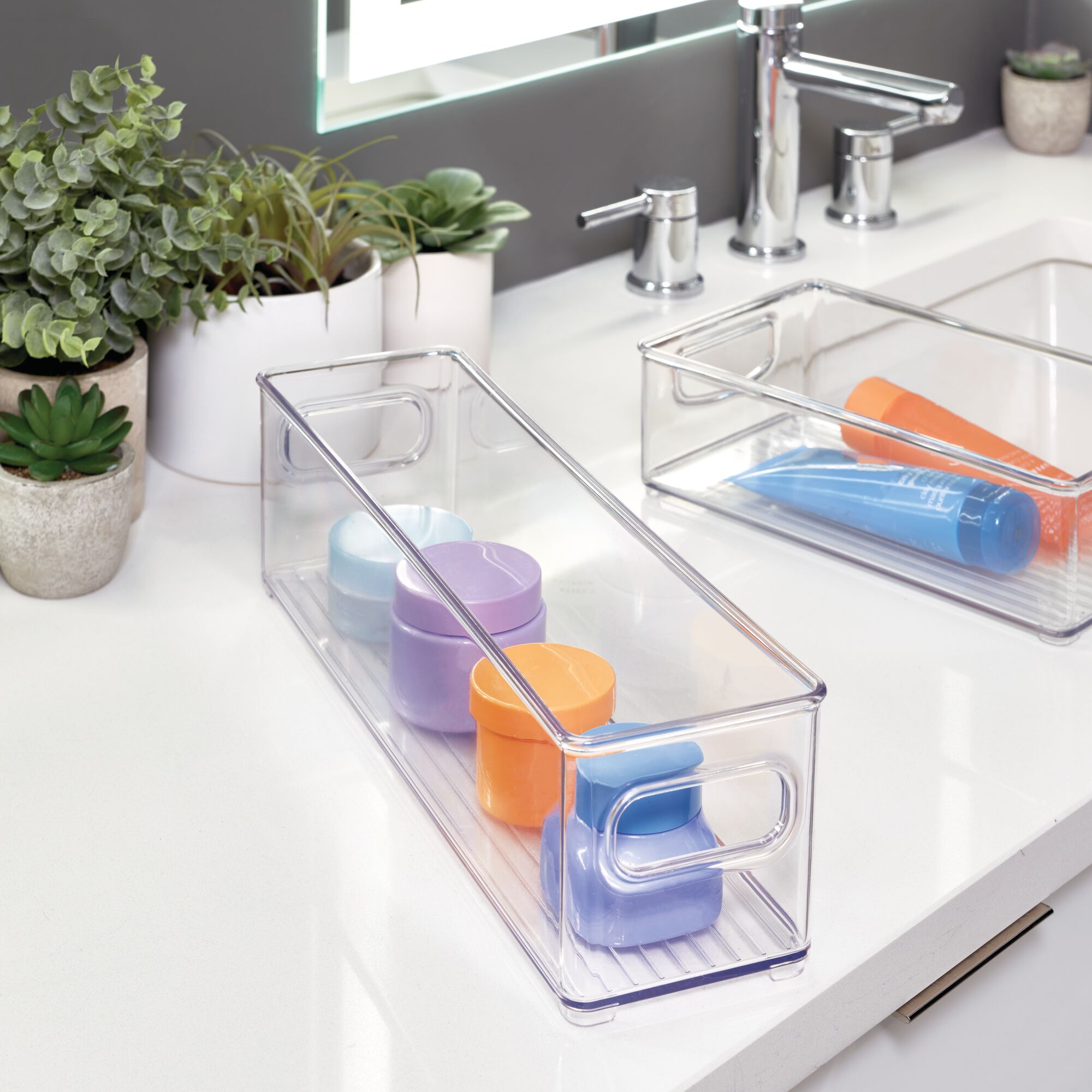 Wide Plastic Bathroom Vanity Storage Organizer Bin by mDesign