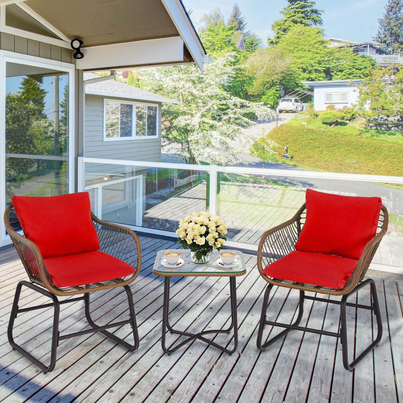 Clihome CL-RE-70838 Patio Furniture Set 3-Piece Rattan Patio Conversation Set with Red Polyester Cushions