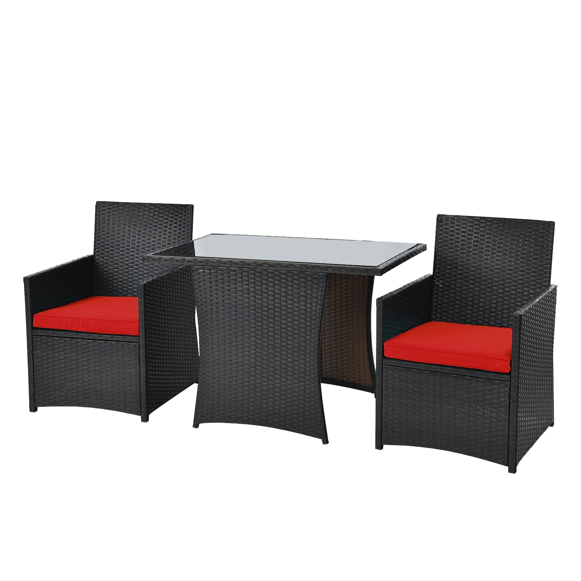 WELLFOR OUJ68178RE 3 -Piece Rattan Patio Conversation Set with Red Cushions