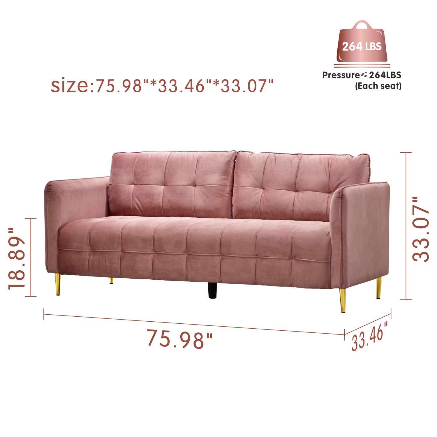 Ovios Nouat 75.98-in Modern Rose Velvet 3-seater Sofa in the Couches ...