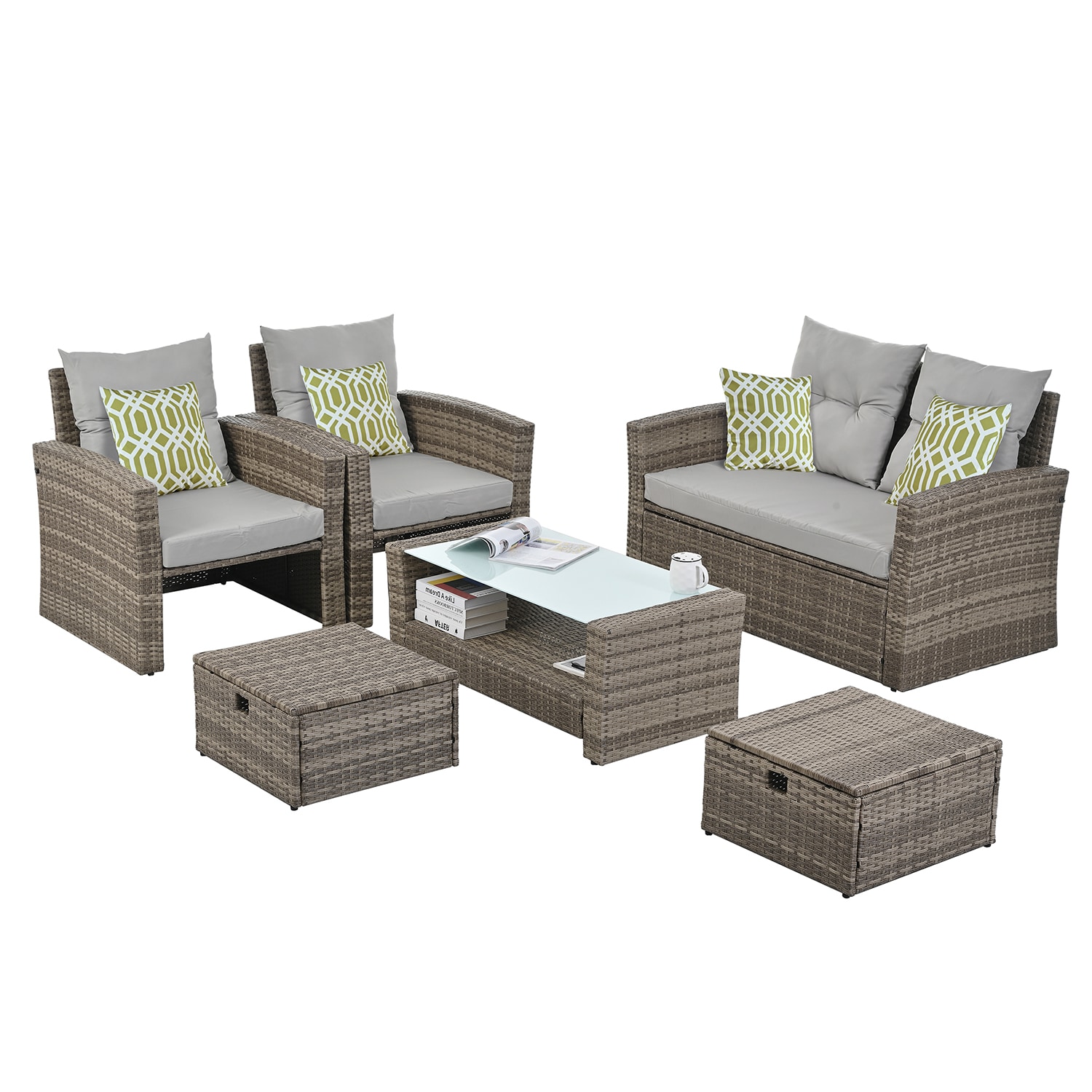 SINOFURN SYB790012BG 6 -Piece Wicker Patio Conversation Set with Gray Cushions