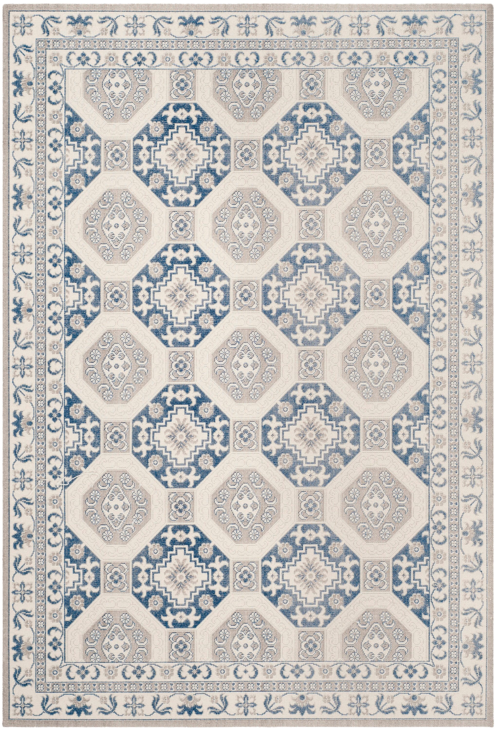 Blue and Ivory Rectangular Cotton Synthetic Rug, 5'1" x 7'6"