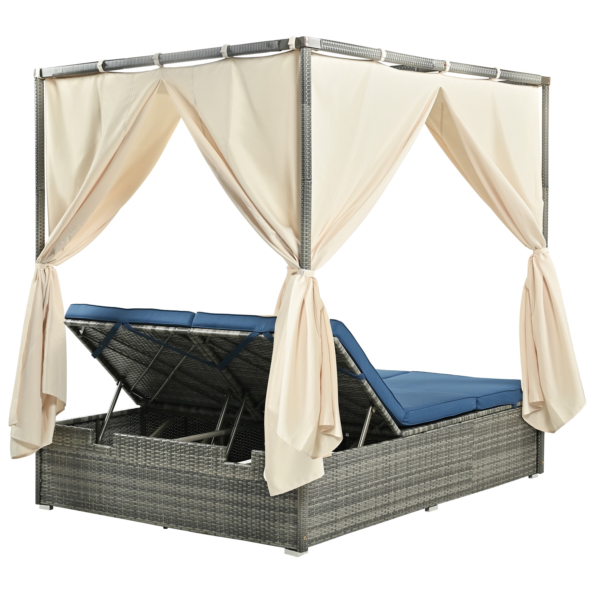 Clihome Adjustable Sun Bed With Curtain Rattan Outdoor Daybed With Blue 